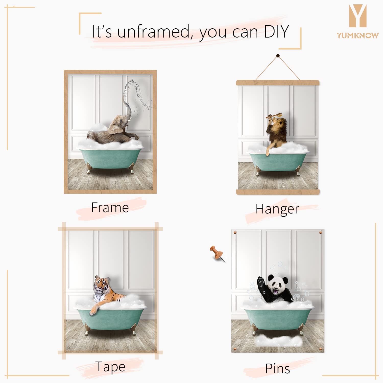 Funny Animal Wall Art for Bathroom - Elephant, Tiger, Panda & Lion Decor - Modern Powder Room Posters - Cute Bathroom Signs for Women & Kids - Unique Bath Wall Decor for Home, Nursery or Guest Bathroom