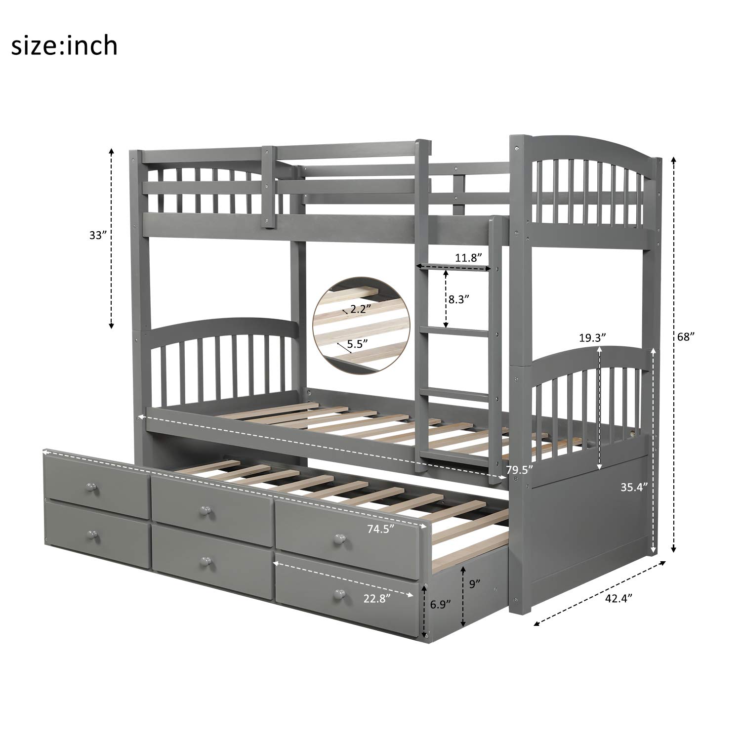 Twin Over Twin Bunk Bed with Trundle - Solid Wood Bed Frame with Ladder & Safety Rail - 3 Storage Drawers - Space Saving Kids & Teens Bedroom Furniture (Grey) - Perfect for Small Rooms, Guest Rooms & Vacation Homes