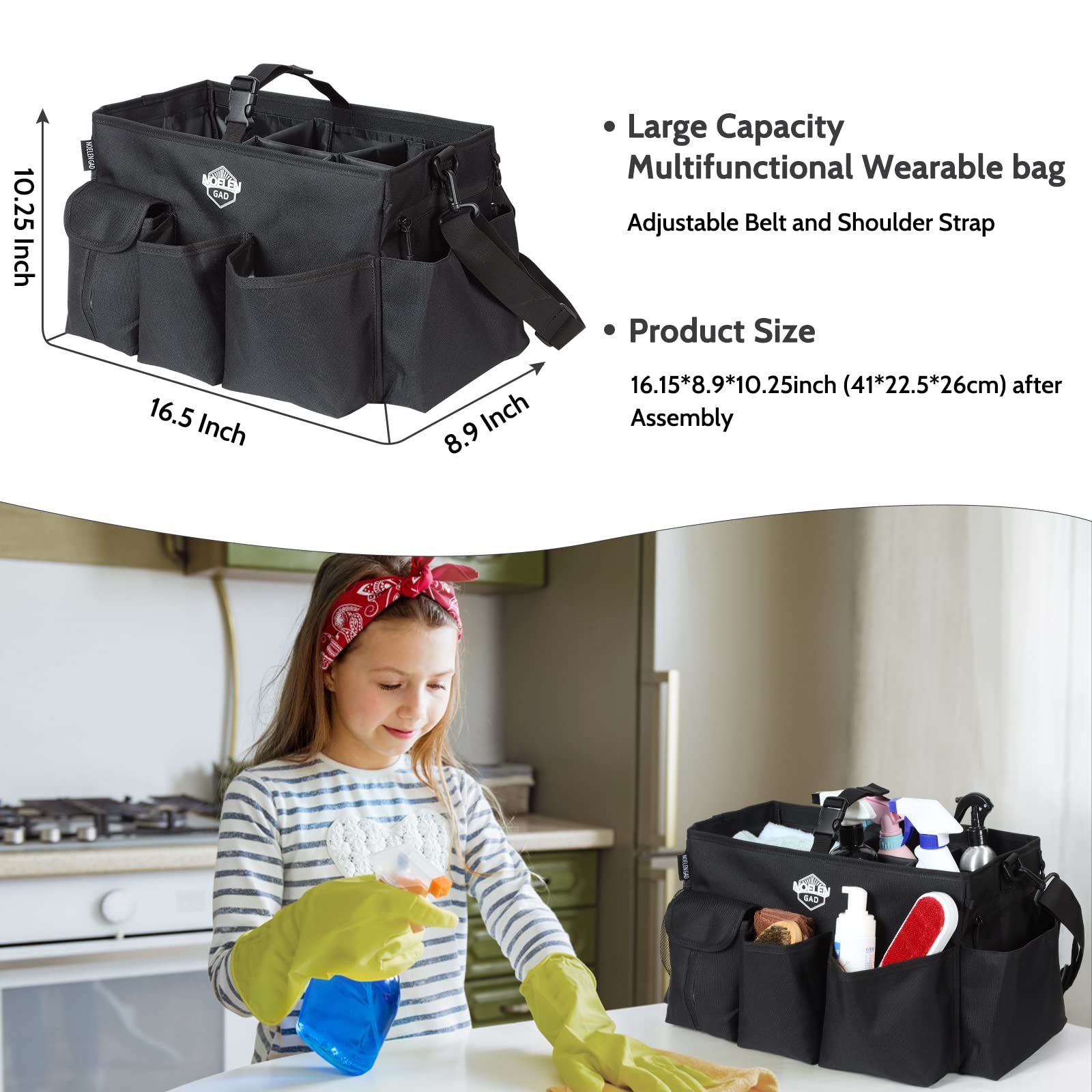 Large Wearable Cleaning Caddy Bag with Handle, Adjustable Shoulder & Waist Straps - Organize Cleaning Supplies, Furniture Storage & Car Accessories | Perfect for Home Cleaning, Car Detailing & Office Organization