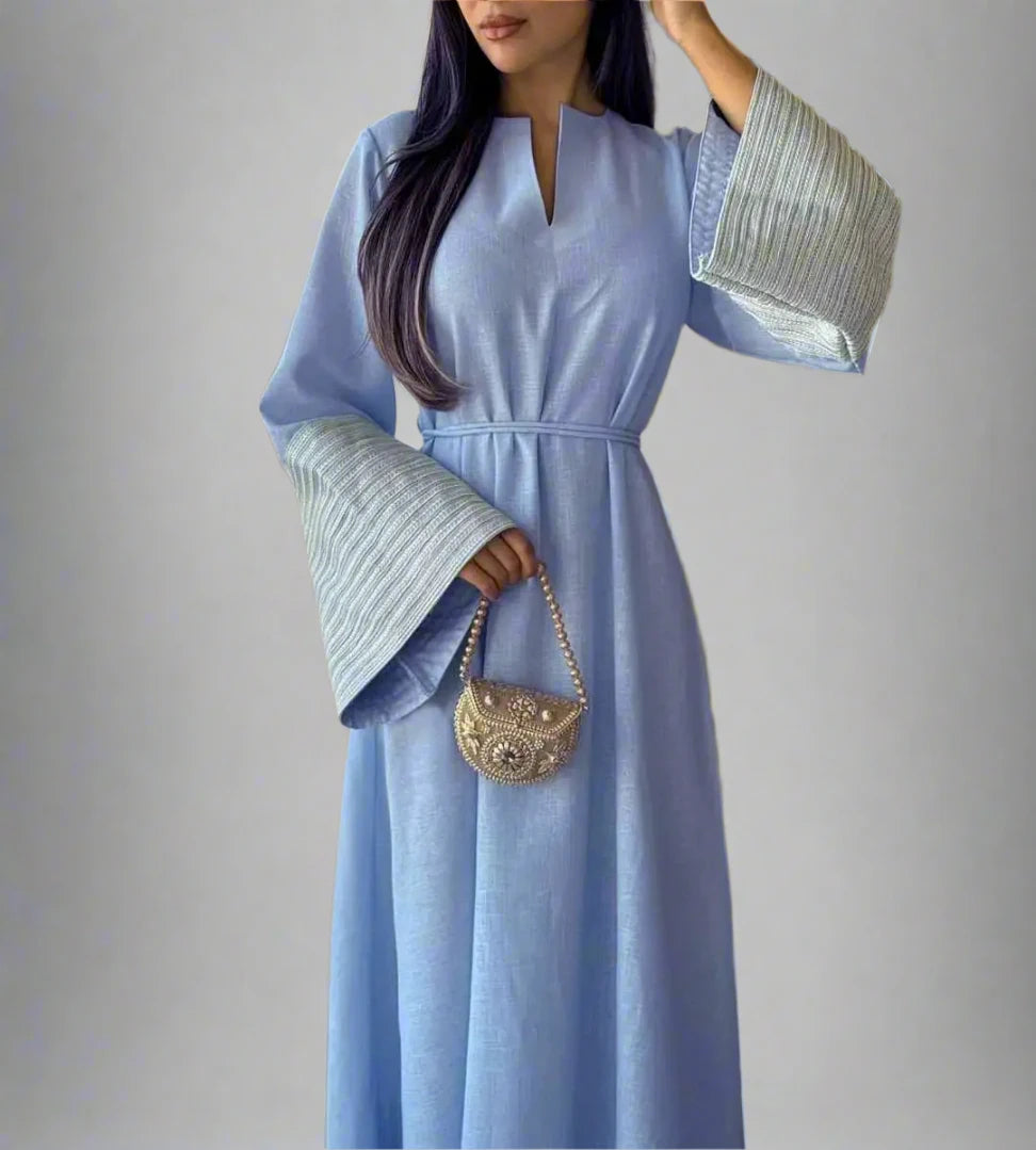 Elegant Embroidery Sleeve V-Neck Muslim Abaya Dress for Women - Perfect for Prayer, Mosque & Special Occasions