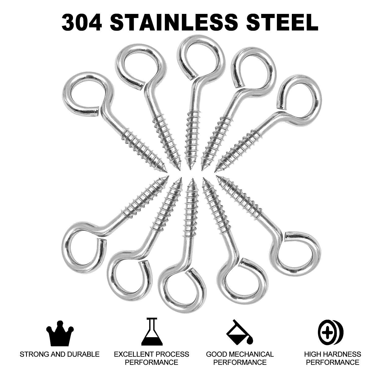 2.5 Inch Heavy Duty 304 Stainless Steel Eye Hooks Screw (10 Pack) - Silver Eye Bolts for Wood, Cable Wires & Secure Hanging - Indoor & Outdoor Use for Hanging Plants, Decor, Lights & More