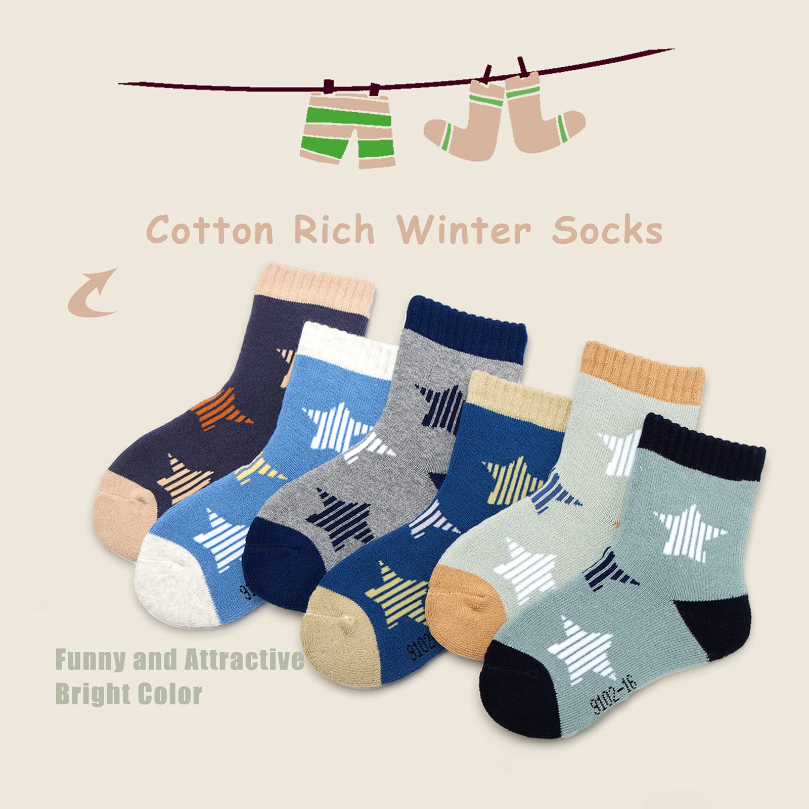 Boys Winter Socks 6 Pack - Warm Thermal Terry Crew Socks for Kids | Cold Weather, Snow Boots & Outdoor Activities