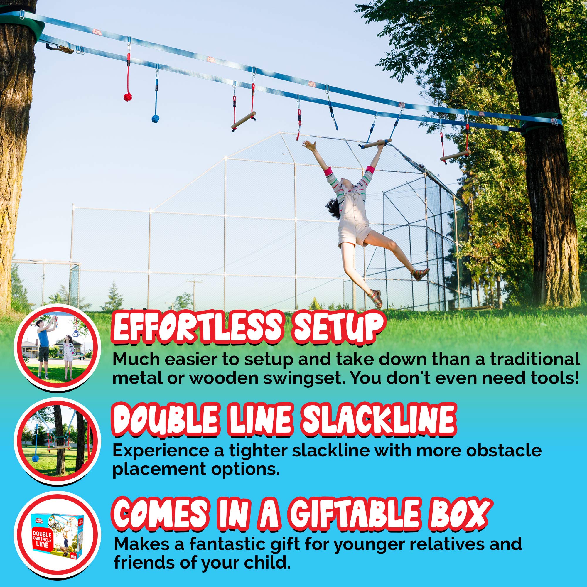 Double Ninja Slackline Obstacle Course for Kids - 80ft Outdoor Play Equipment with Monkey Bars & Patented Dual Line Design | Backyard Training, Birthday Parties, School Playgrounds, Ninja Warrior Practice