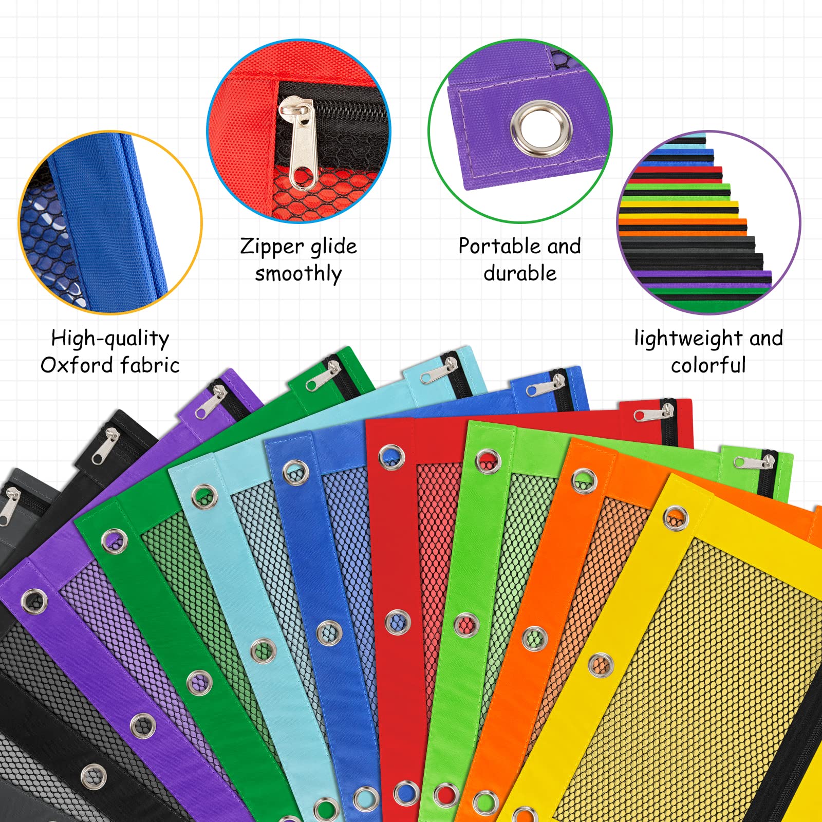 12 Pack Zippered Pencil Pouch for 3 Ring Binder - Bulk Classroom Supplies for Students & Teachers - Perfect for Organizing Pens, Pencils, Markers and School Essentials in Binders, Backpacks or Desks