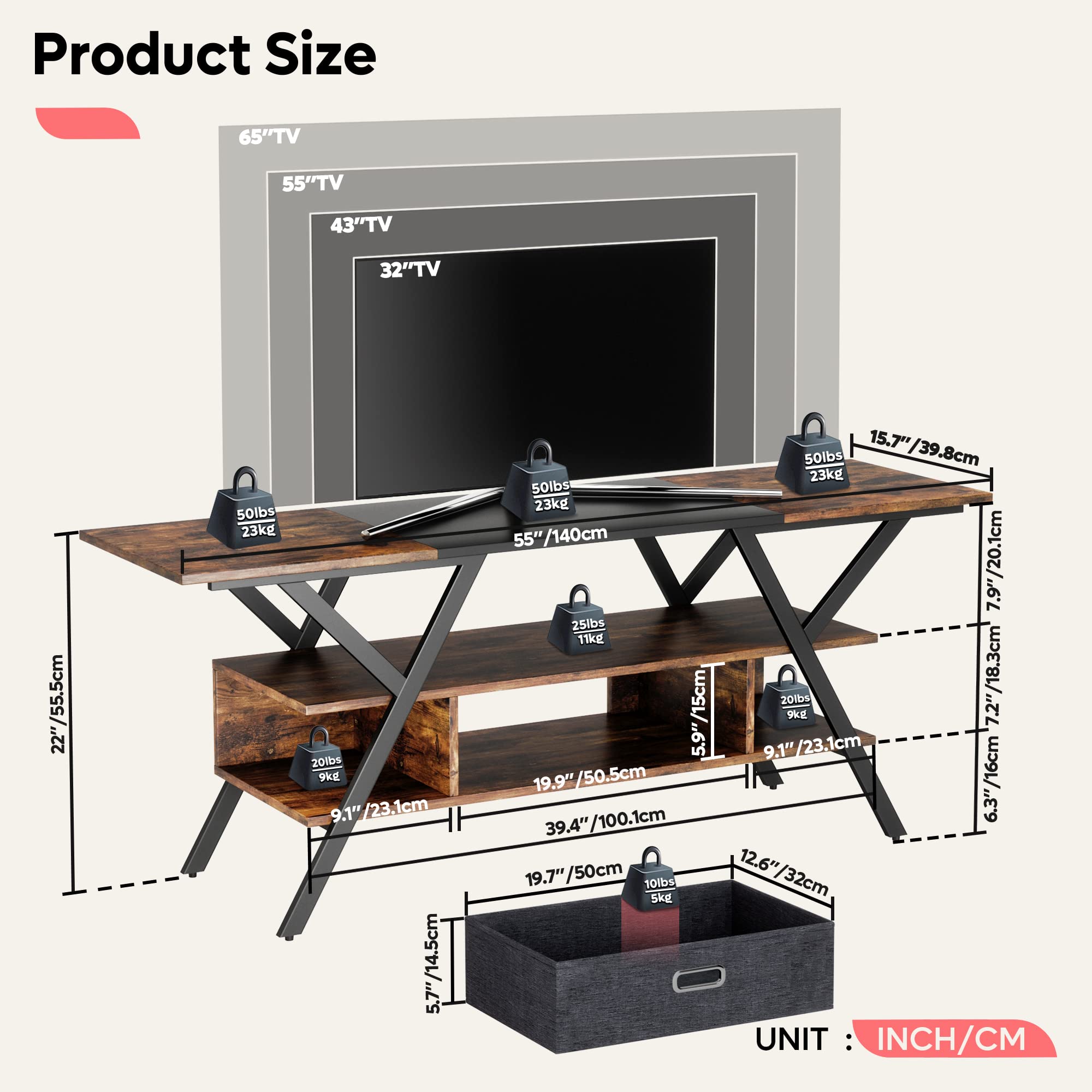 Bestier Modern LED TV Stand for 55/60/65 Inch TVs - Rustic Brown Gaming Entertainment Center with Fabric Drawer Storage & 20 LED Light Modes - Perfect for Living Room, Bedroom & Home Theater Setup (PS5/Xbox Compatible)