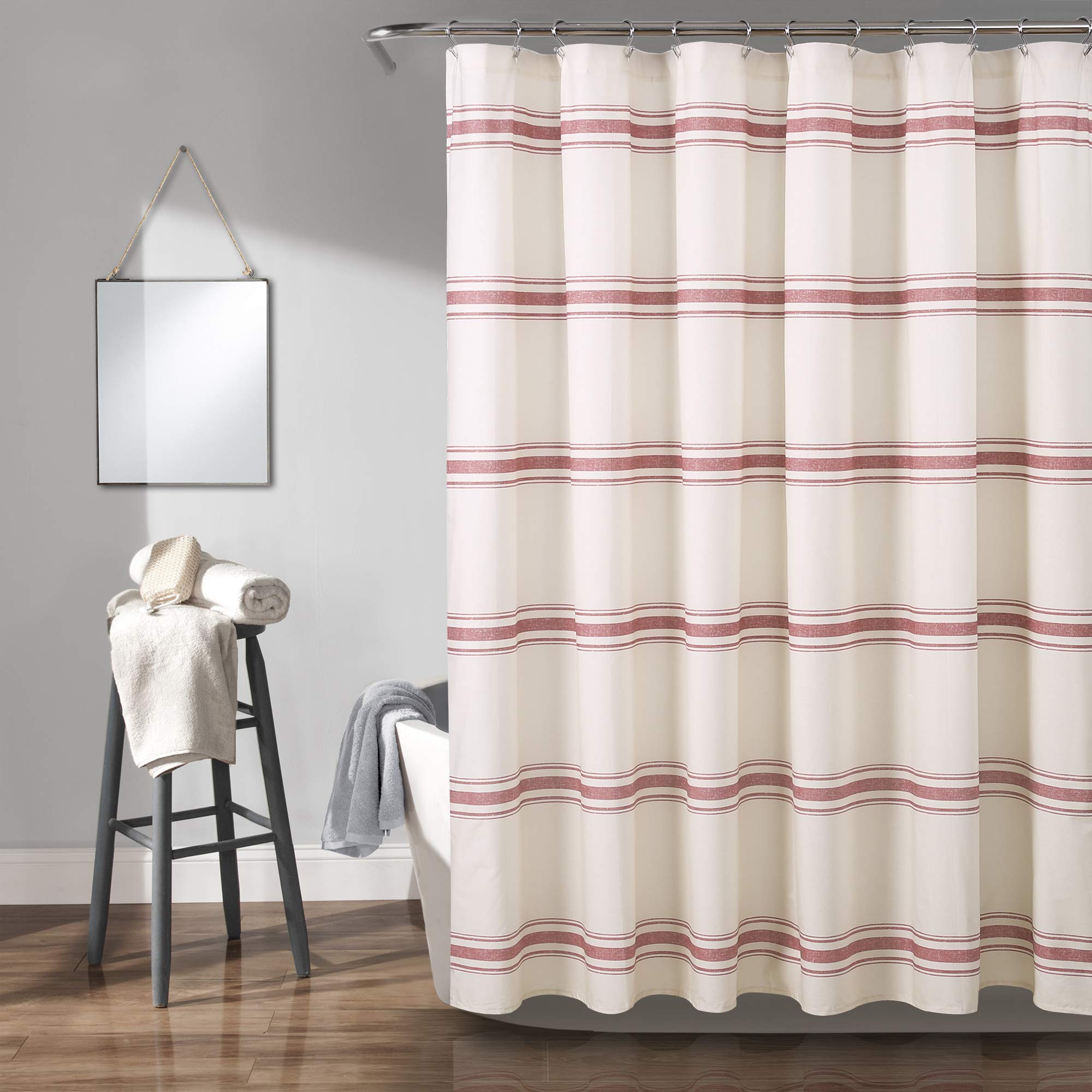 Lush Decor Farmhouse Stripe Cotton Shower Curtain 72x72 Inches - Red Rustic Bathroom Decor for Modern Farmhouse & Vintage Style Homes | Perfect for Bathroom Makeovers & Cozy Cottage Vibes