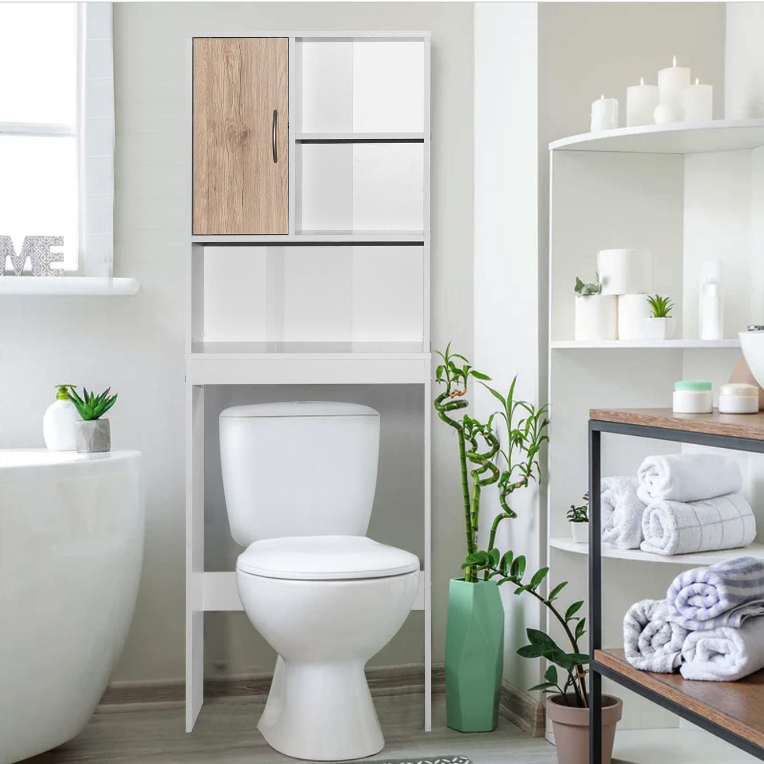 Better Home Products Ace Over-The-Toilet Storage Organizer - White & Natural Oak Bathroom Shelf for Towels, Toiletries & Decor - Space Saving Solution for Small Bathrooms