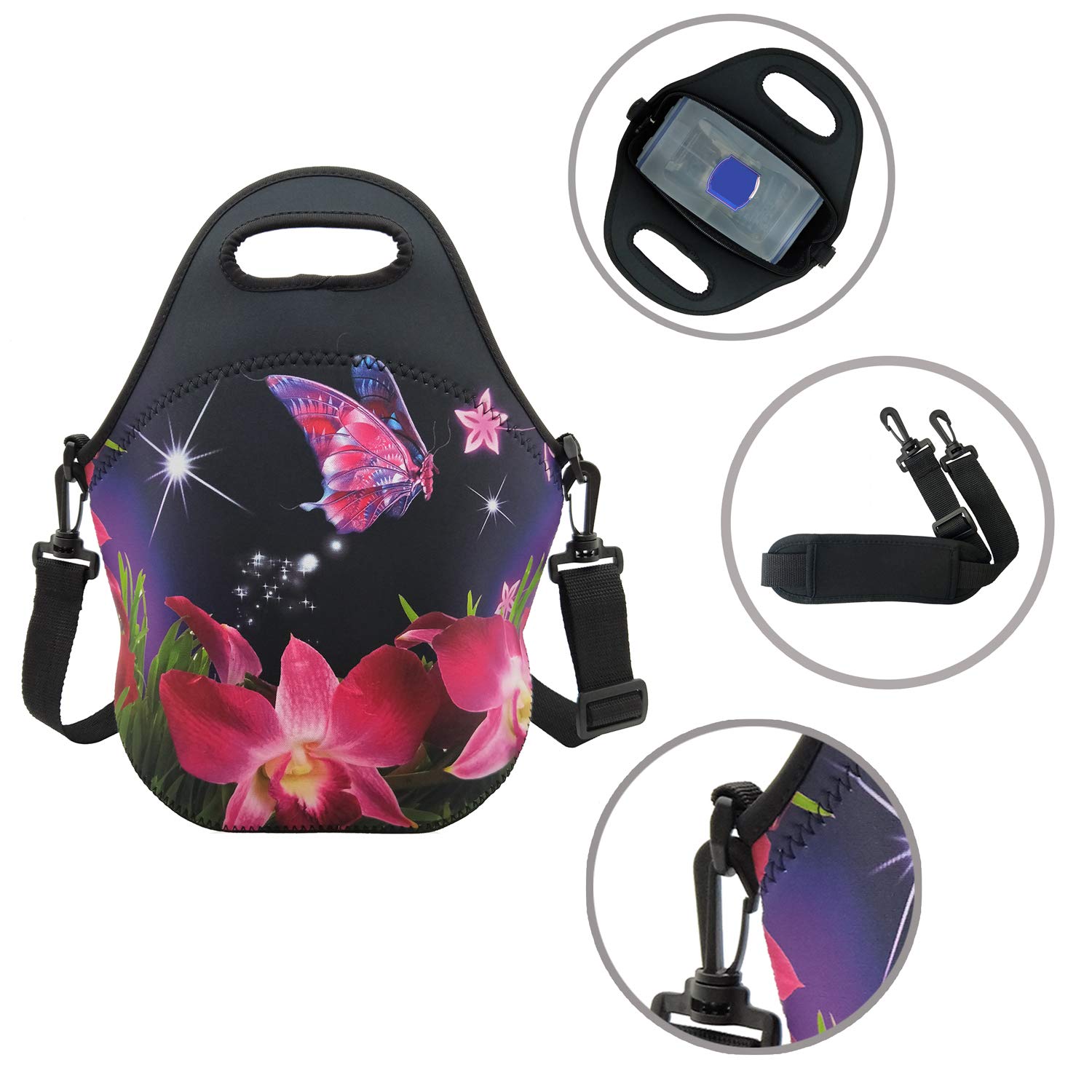 Insulated Neoprene Lunch Bag for Work & Travel - Flower Design