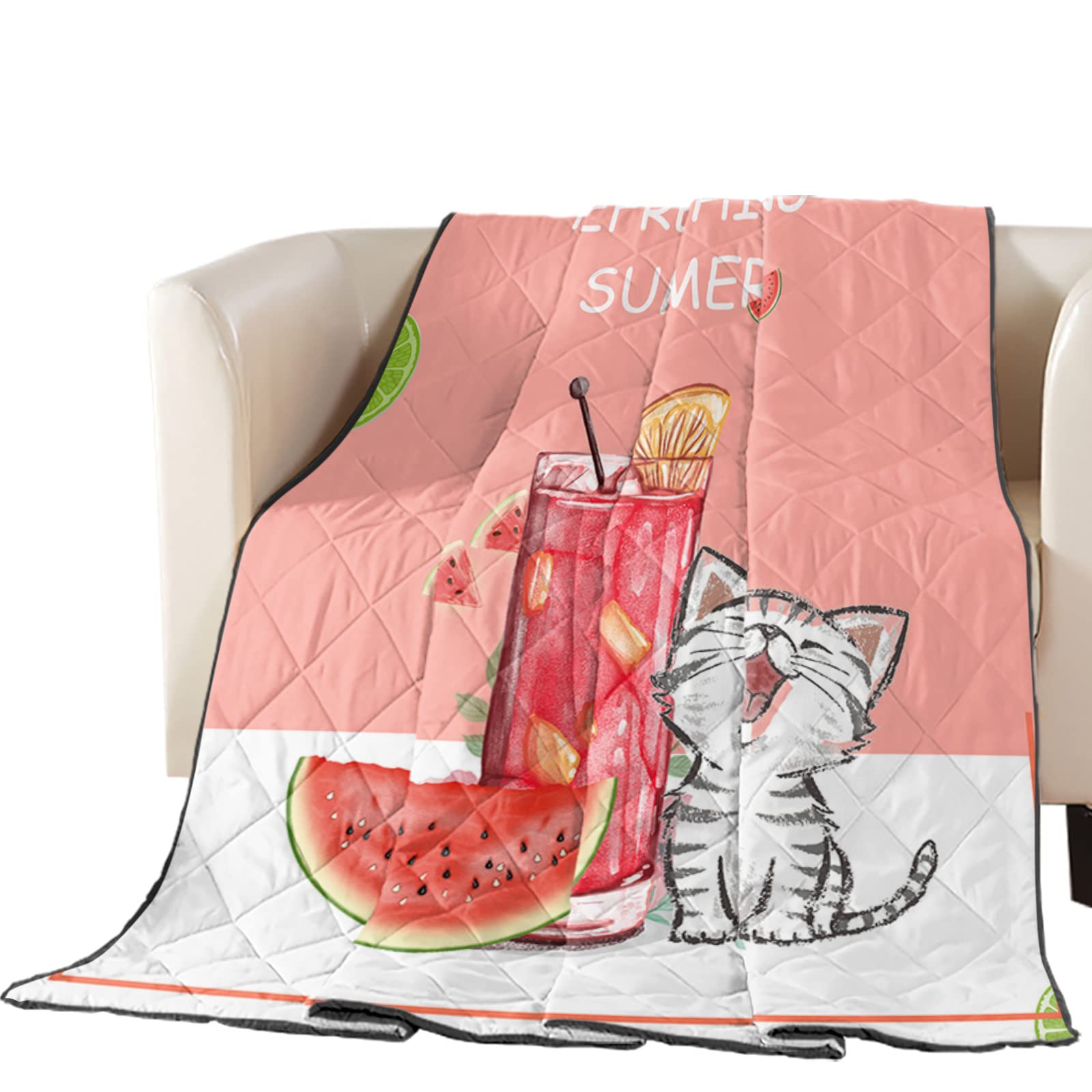 King Size Watermelon & Cute Cat Cartoon Summer Quilt - Breathable All-Season Bedspread, Soft Comforter Duvet Cover for Kids' Room Decor | Perfect for Bedroom, Dorm, Picnic & Cozy Nights