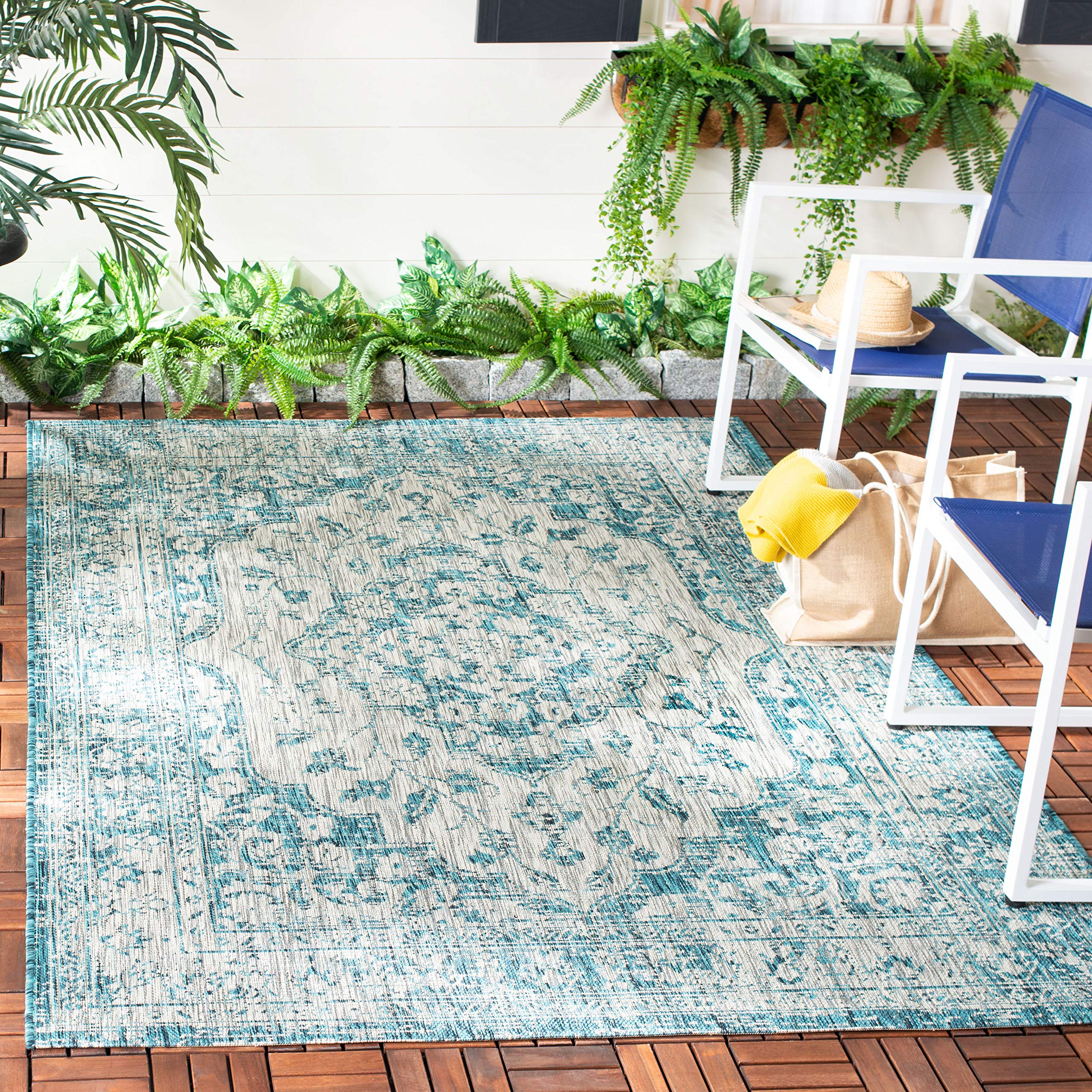 SAFAVIEH Courtyard Collection 8' x 11' Grey/Blue Indoor Outdoor Waterproof Rug - Easy to Clean, Stain Resistant Area Rug for Patio, Backyard, Mudroom, Deck & Poolside (CY8231)