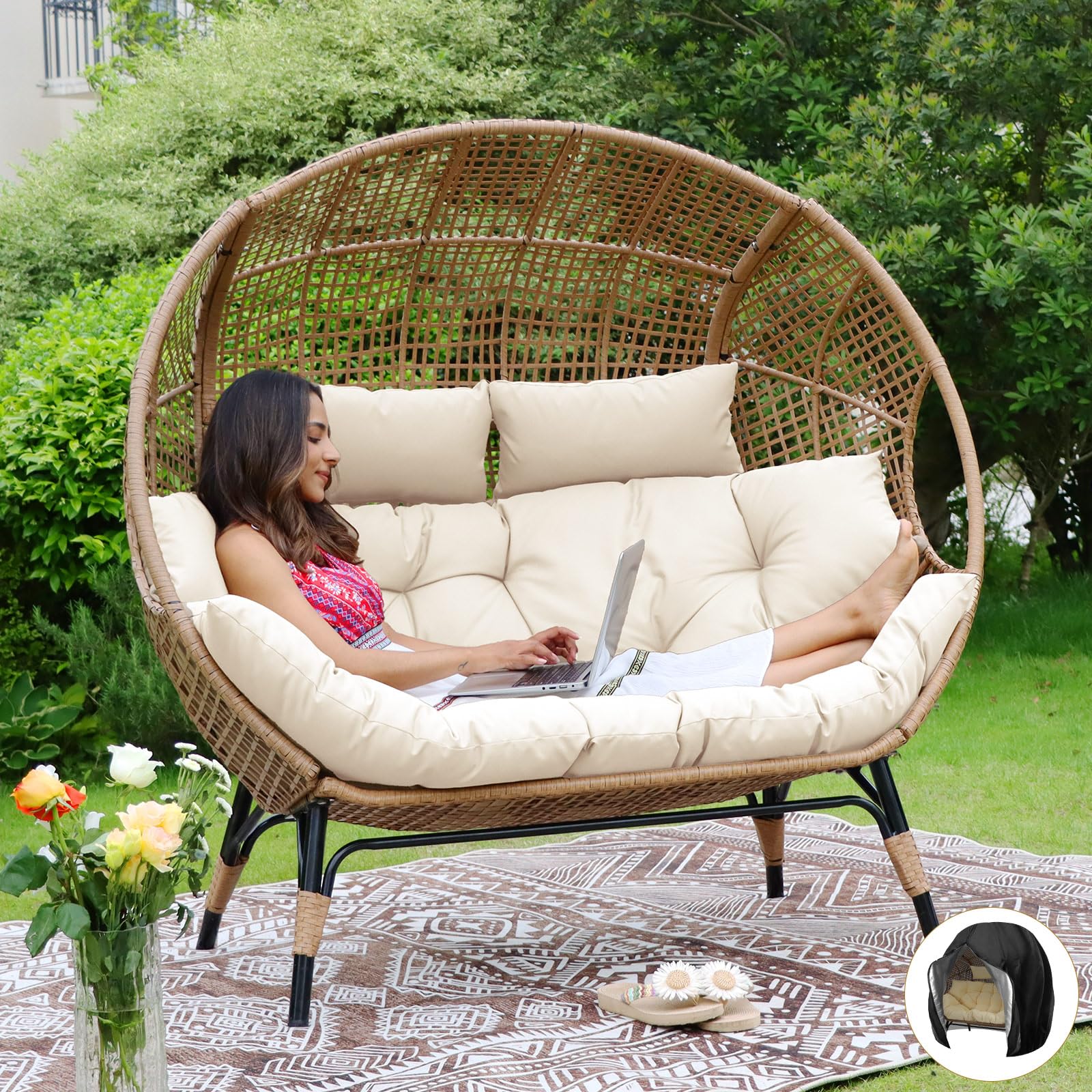 NICESOUL® Oversized 2-Person Egg Chair with Thick Padded Cushions – 680 lbs Capacity Indoor/Outdoor Loveseat for Patio, Balcony, Porch & Backyard – Beige Color with Protective Cover – Perfect for Relaxing, Lounging & Outdoor Entertaining