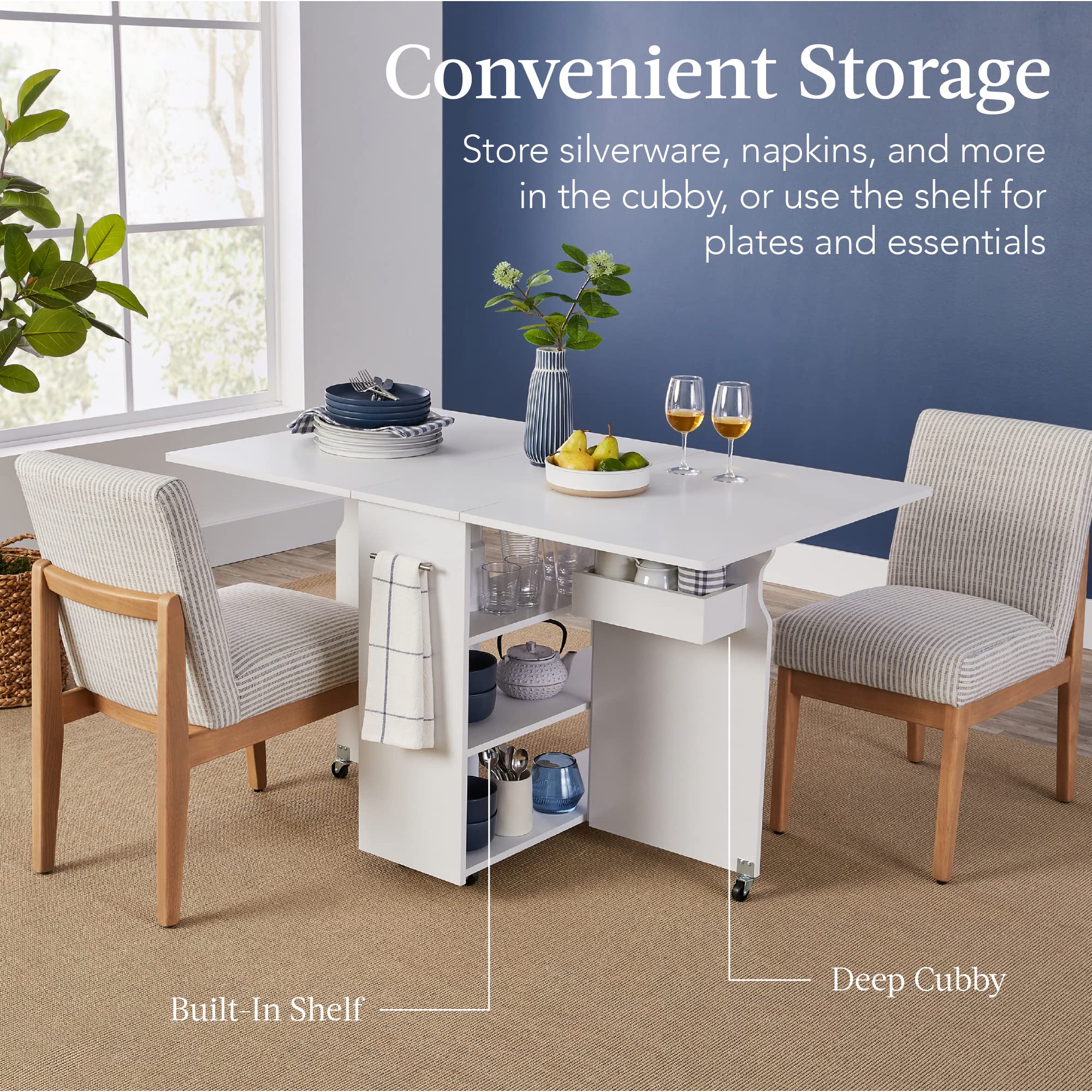 Best Choice Products Folding Dining Table with Wheels - White Space Saving Drop Leaf Extension Desk with 3 Storage Shelves, Perfect for Small Apartments, Kitchens, Dorm Rooms & Home Offices