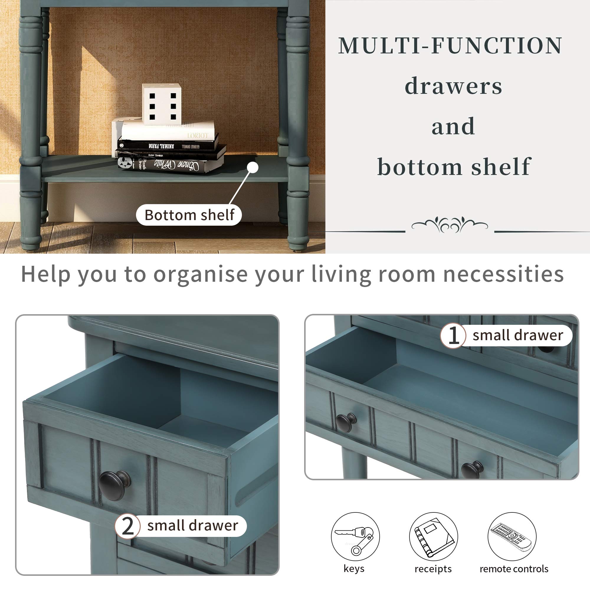Narrow Console Table with 4 Storage Drawers & Bottom Shelf - Solid Wood Sofa Table, Entryway Table for Living Room, Hallway - Easy Assembly (Navy) | Perfect for Small Spaces, Behind Sofa, or as Entryway Storage Solution