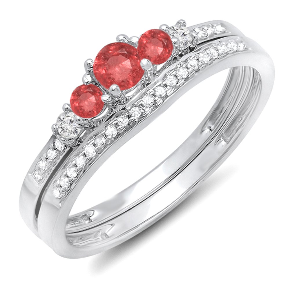 Dazzlingrock Collection 10K Solid White Gold Round Ruby & White Diamond Women's 5-Stone Bridal Engagement Ring Set with Matching Band - Perfect for Proposals, Anniversaries & Wedding Jewelry Gifts