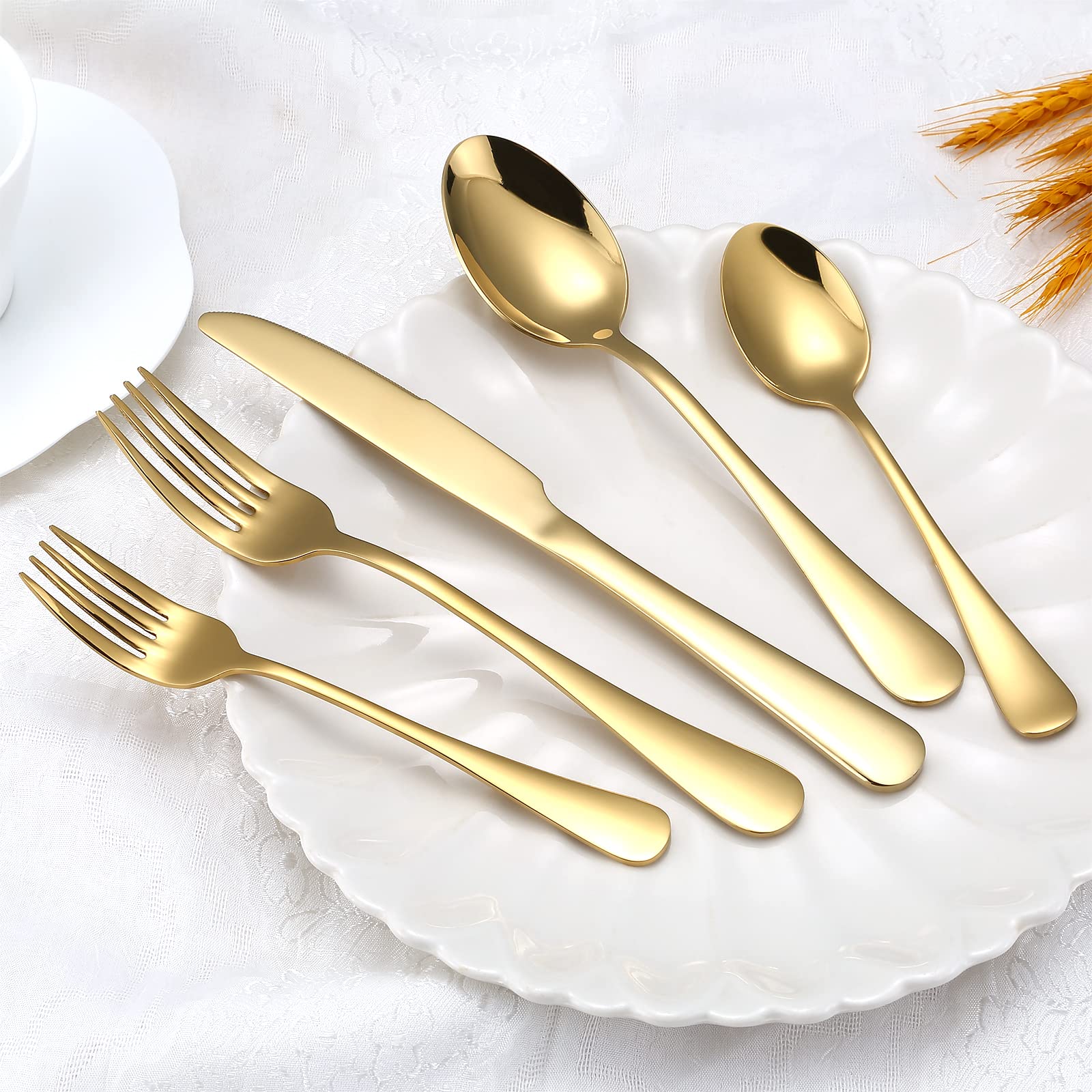 20-Piece Briout Gold Silverware Set - Stainless Steel Flatware Service for 4 (Spoons, Forks, Knives) - Elegant Golden Cutlery Set for Kitchen, Home & Restaurant - Shiny Polished Tableware for Dinner Parties, Weddings & Special Occasions