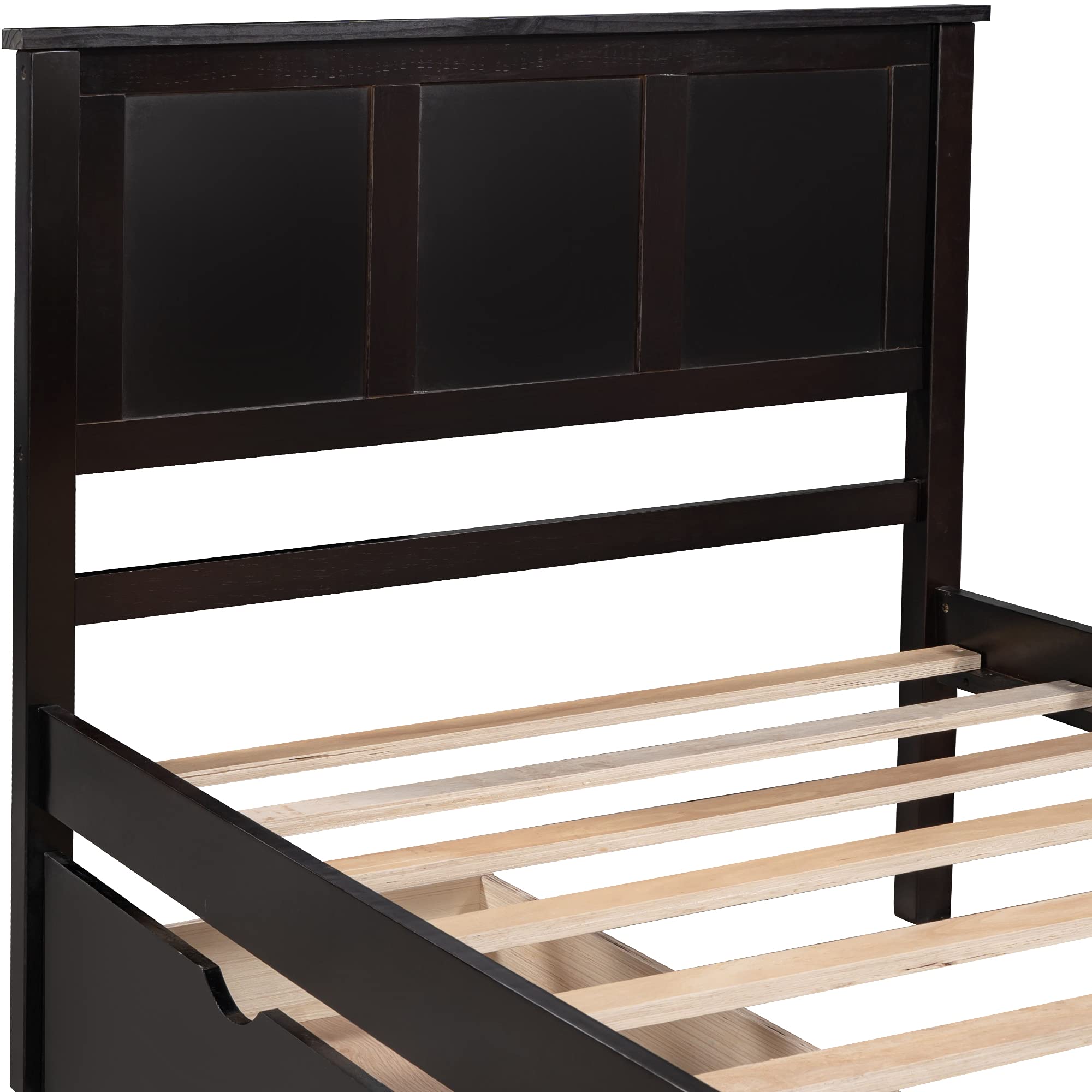 P PURLOVE Twin Size Wooden Platform Bed Frame with Storage Drawers & Headboard - Solid Wood Slat Support, No Box Spring Needed - Perfect for Kids' Rooms, Guest Bedrooms & Small Spaces