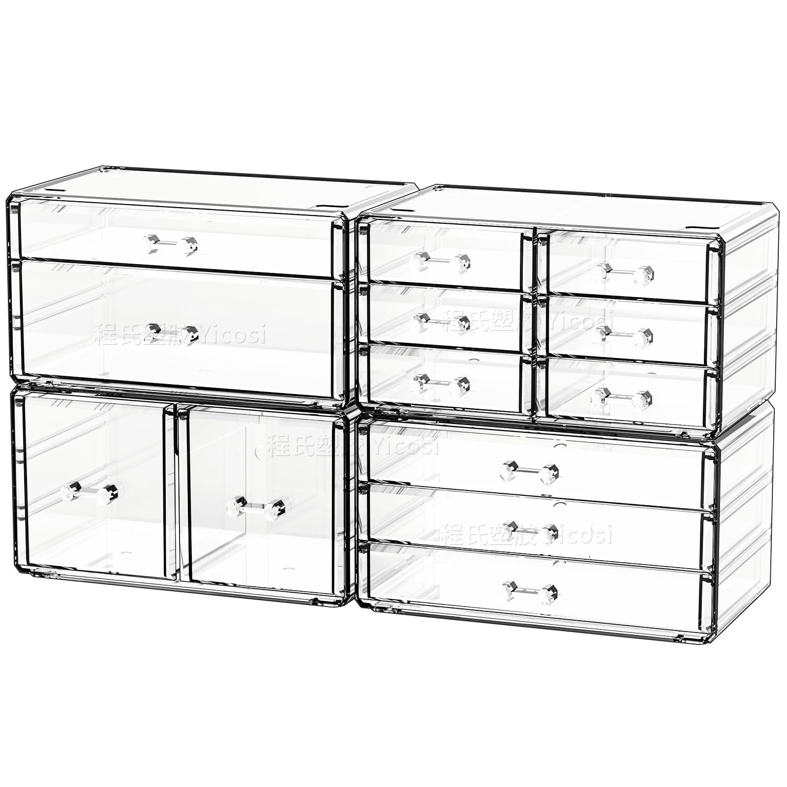4-Pack Clear Acrylic Drawer Organizer - Stackable 13-Drawer Makeup Storage Cube for Dresser, Hair Clips & Beauty Products - Perfect for Vanity, Bathroom & Desk Organization (13.5