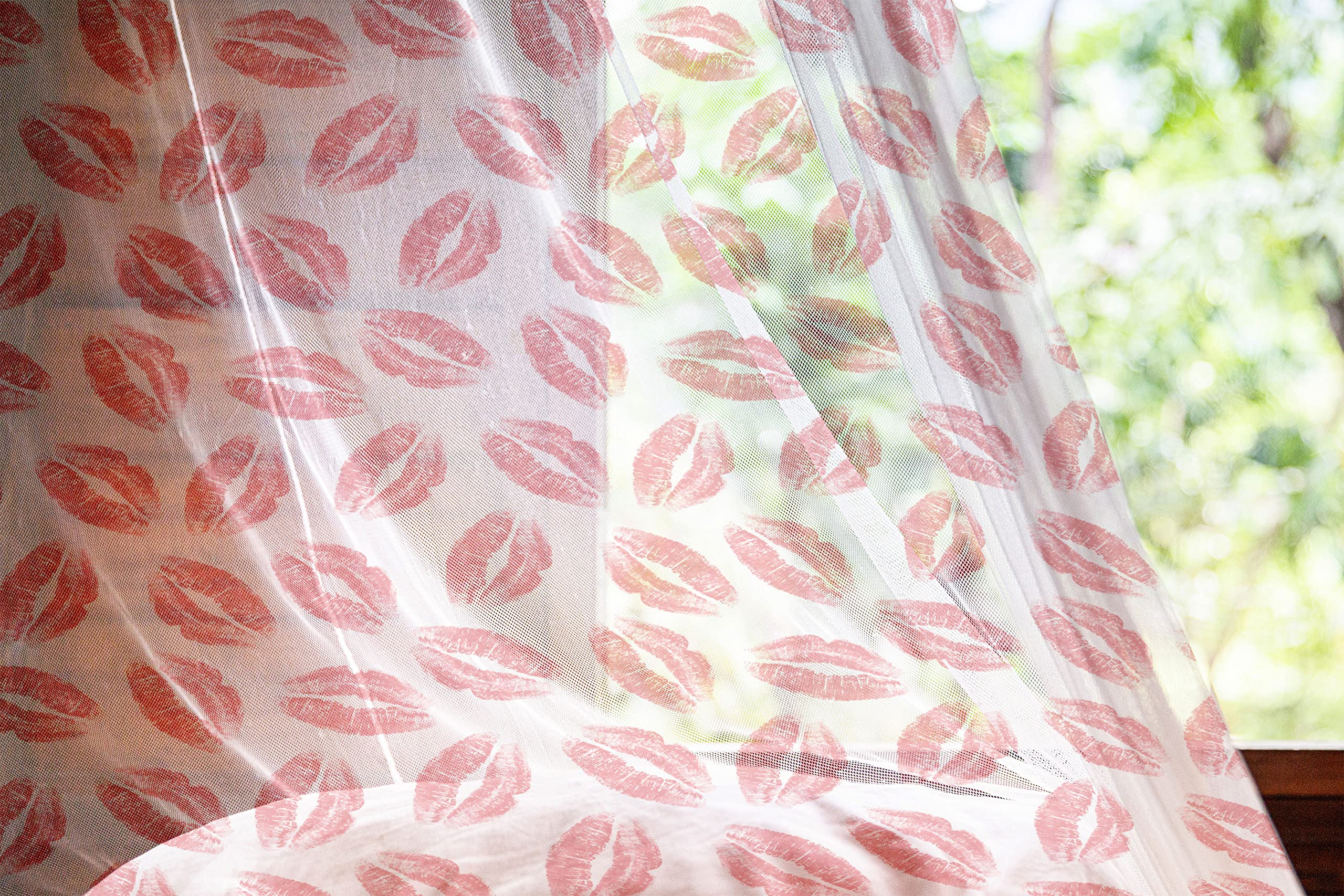 Ambesonne Romantic Lipstick Kiss Print Sheer Tulle Curtains - Dark Pink & White, 108