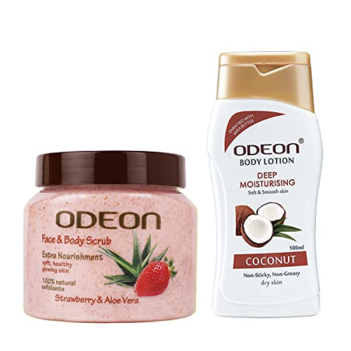 ODEON Deep Moisturizing Coconut Body Lotion 100ml & Strawberry Aloe Vera Face Body Scrub 300ml Set - Hydrating Skincare Combo for Dry Skin | Perfect for Daily Moisturizing & Exfoliating Routine