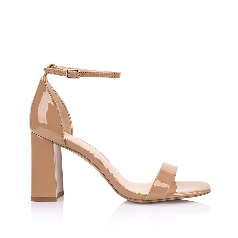 Carly Block Heel Sandals for Women - Dark Camel Patent Leather Summer Dress Shoes | Comfortable Wedge Heels for Wedding, Party & Office Wear