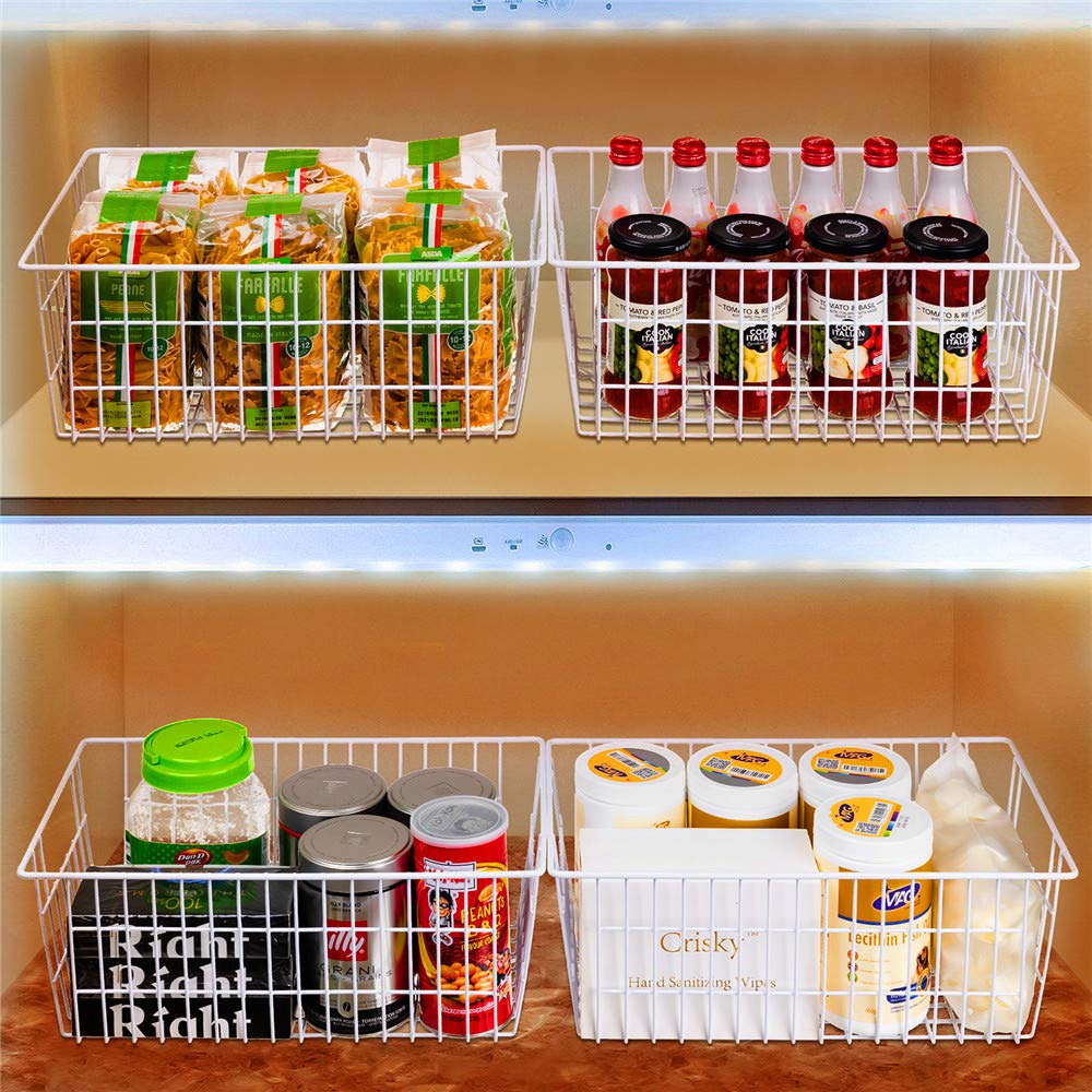 SANNO 6-Pack Metal Wire Storage Baskets with Handles - Heavy Duty Freezer & Pantry Organizer Bins for Kitchen, Bathroom, Office, Farmhouse & Shelf Storage - Rustproof Home Organization Solutions for Food, Toiletries & Supplies