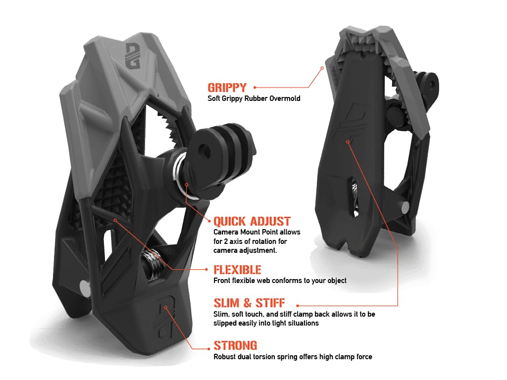 Dango Design Gripper Mount - Universal Clamp Mount for GoPro, Action Cameras - Motorcycle, Powersports Helmet Accessories - Stealth Black - Perfect for Adventure Sports, Vlogging & Outdoor Activities