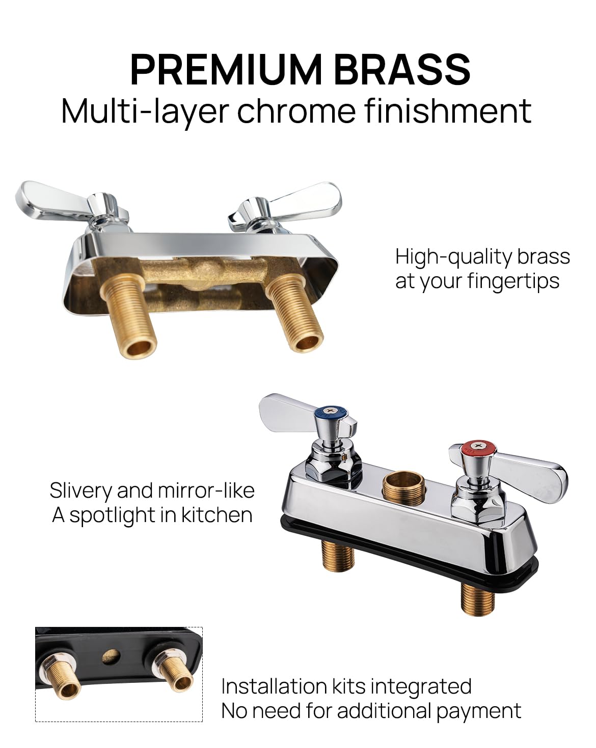 Leak-Free Commercial Kitchen Sink Faucet 4 Inch Center 2 Hole - Heavy Duty Brass Hand Wash Faucet with 12