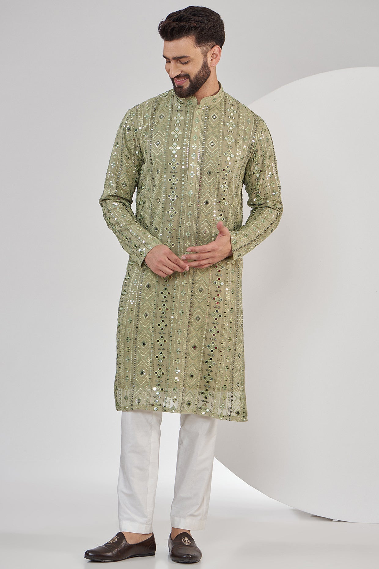Exquisite Mehndi Green Mirror Work Kurta for Women – Traditional Indian Embroidered Tunic Top for Festivals & Weddings