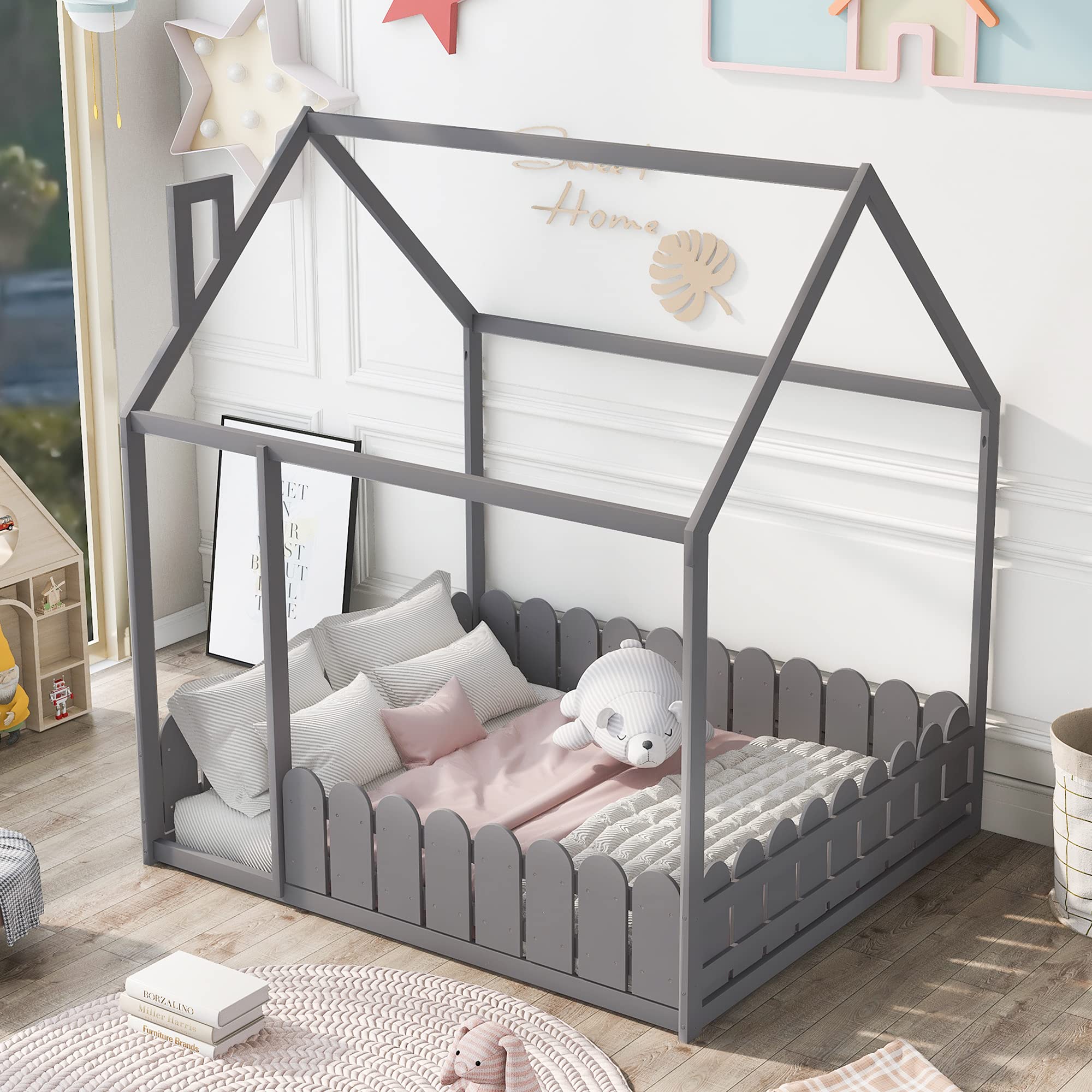 MERITLINE Full Size House Bed Frame with Roof - Playhouse Bed for Kids, Girls & Boys, Grey (Box Spring Required) - Perfect for Bedrooms, Playrooms & Themed Kids' Spaces