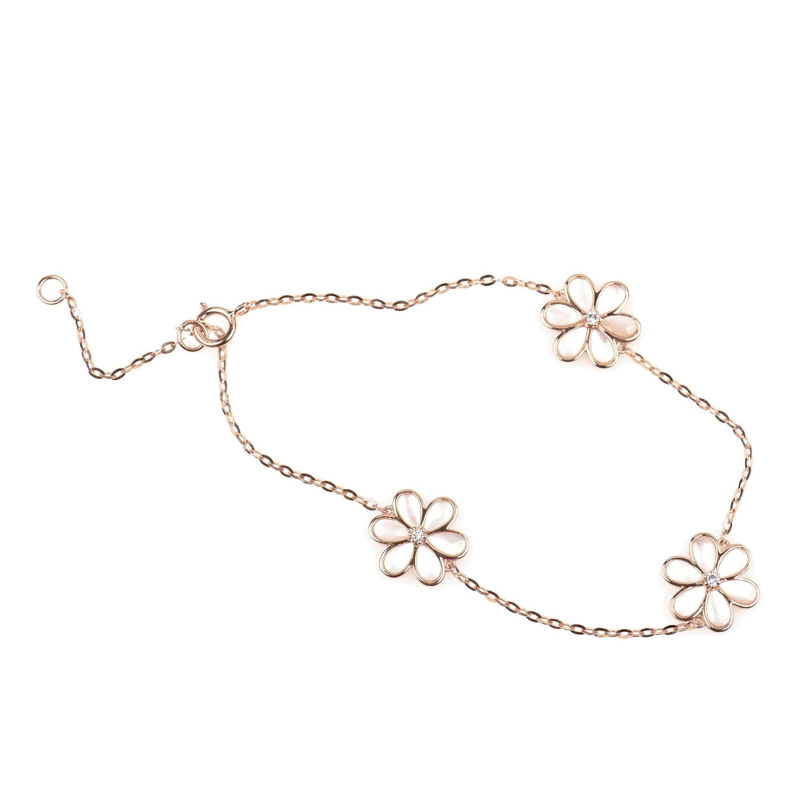 14k Rose Gold Mother of Pearl & Diamond Flower Triple Station Bracelet - Elegant Jewelry for Weddings, Parties & Special Occasions