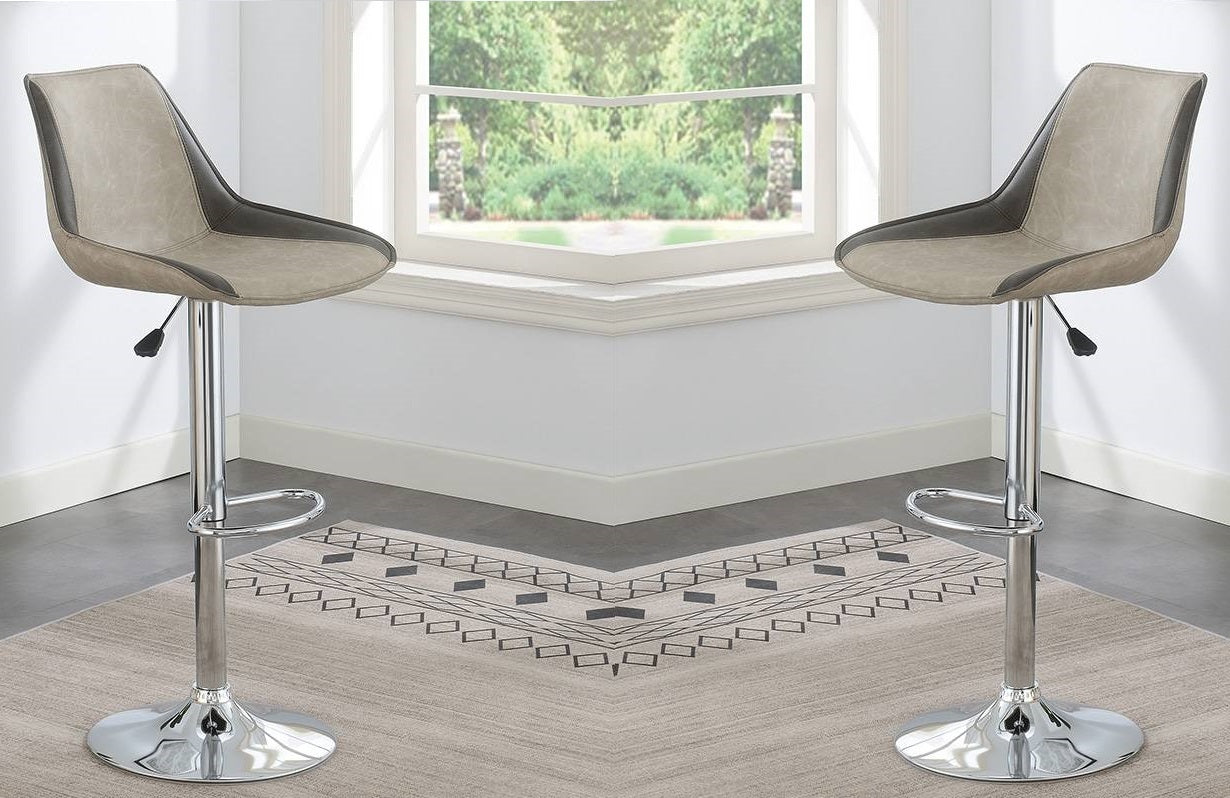 Modern Adjustable Bar Stool Set of 2 - Light Grey Waxed PU Leather with Chrome Base - Counter Height Kitchen & Dining Chairs for Breakfast Bar, Island, or Pub Table