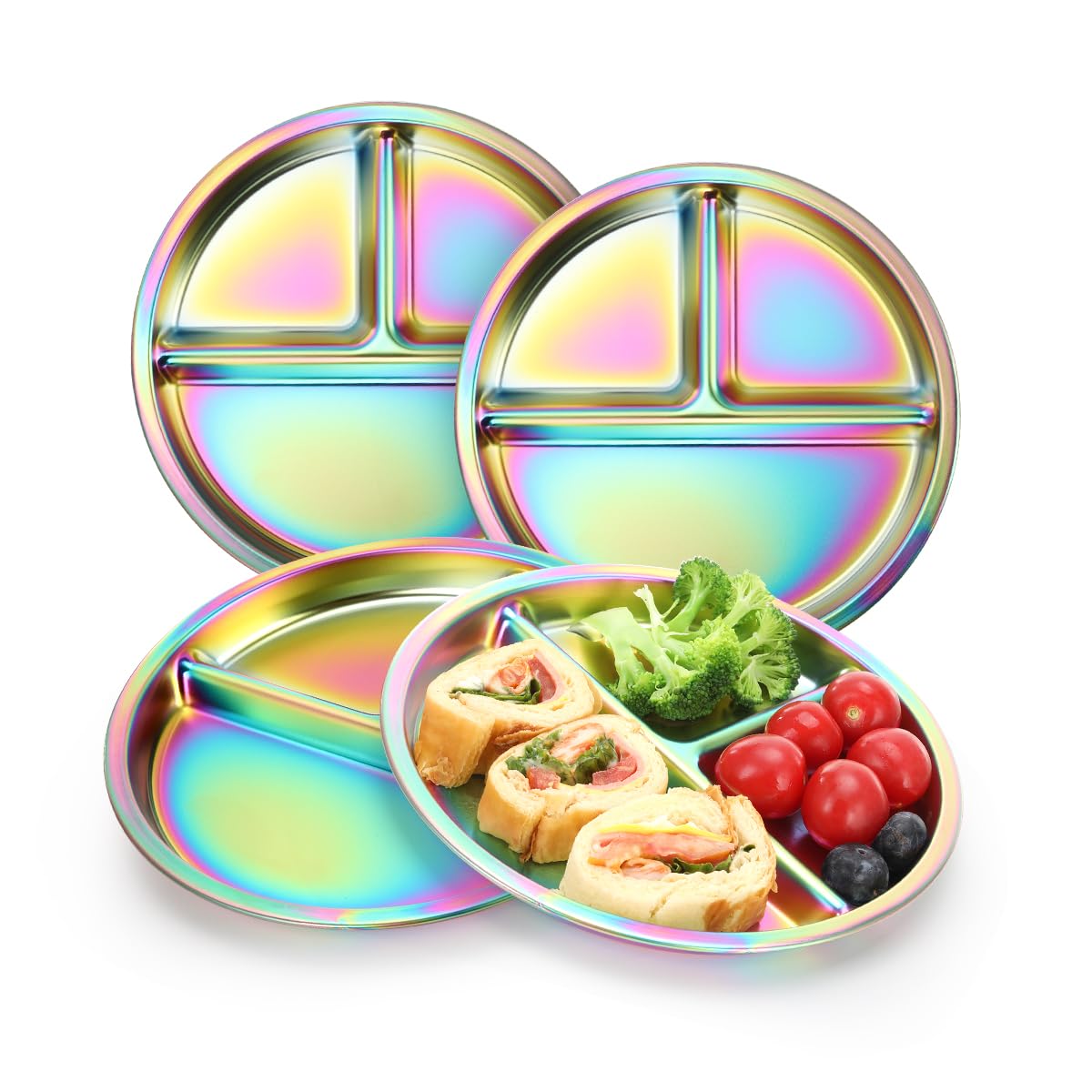 AIEVE 4-Pack Stainless Steel Divided Kids Plates - 9 Inch Round Portion Control Toddler Plates for Healthy Eating - Perfect for Home, School, and Travel Use