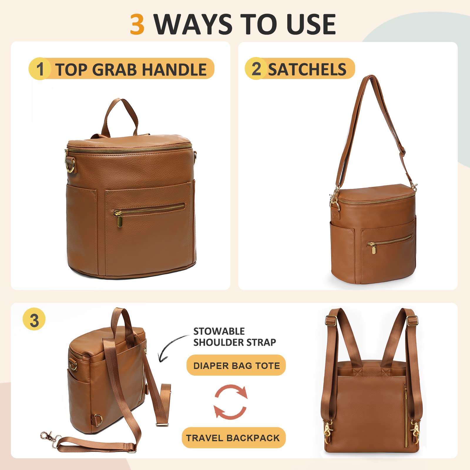 Miss Fong Premium Leather Diaper Bag Backpack - Waterproof Baby Bag with Detachable Changing Pad (Regular + Mini Sizes) | Perfect for Moms, Travel & On-the-Go Parenting