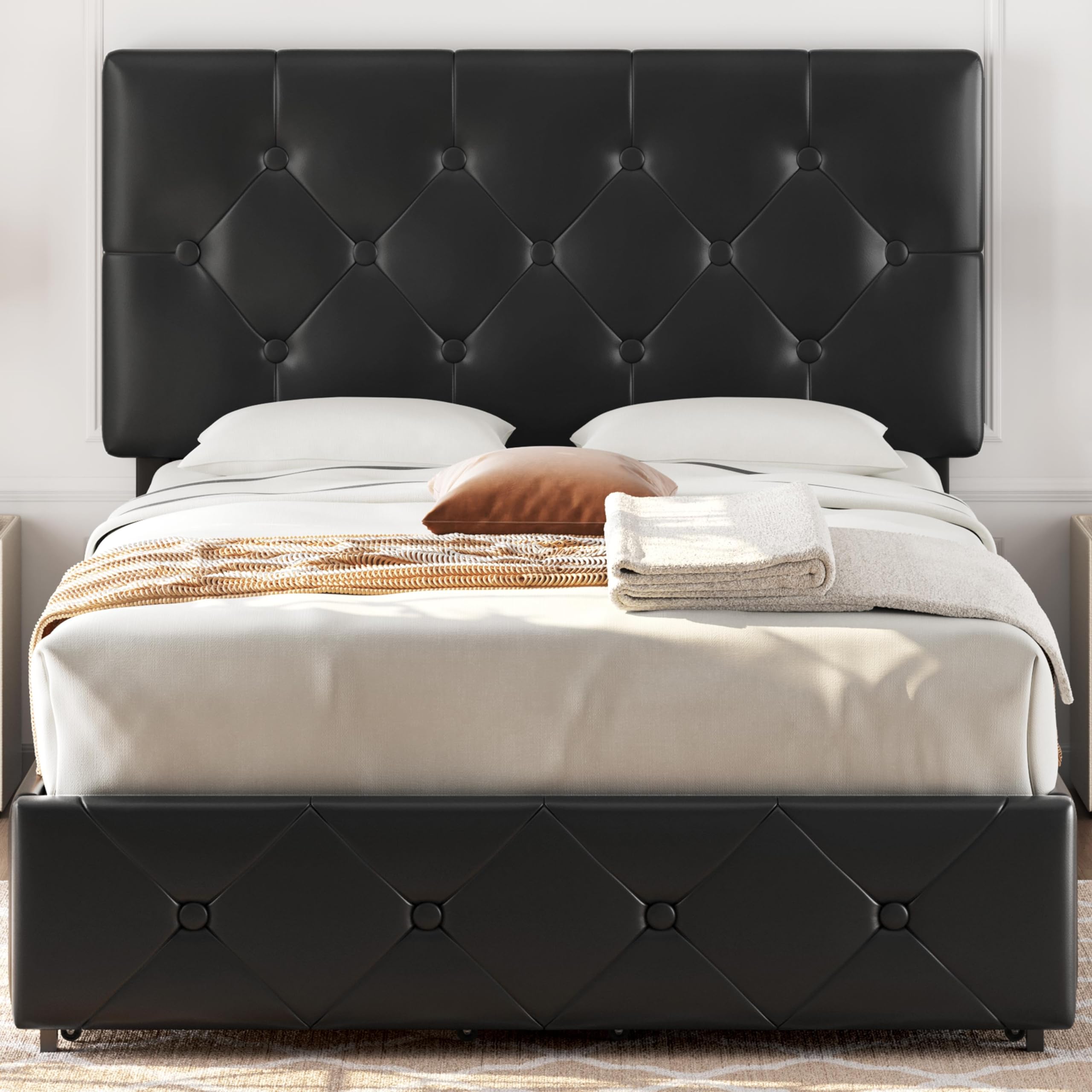 Yaheetech Full Size Upholstered Bed Frame with 4 Storage Drawers - Adjustable Headboard, Faux Leather Platform Bed with Wooden Slats Support - No Box Spring Needed - Black (Perfect for Small Bedrooms & Guest Rooms with Storage Needs)