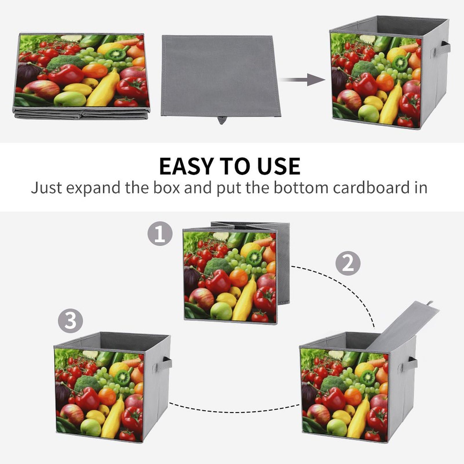 6-Pack Foldable Storage Bins for Fresh Vegetables & Fruits - Large Capacity Printed Storage Boxes with Handles - Perfect for Playroom, Office & Home Organization (Multipurpose Storage Cubes for Kitchen, Pantry, Closet & Nursery)