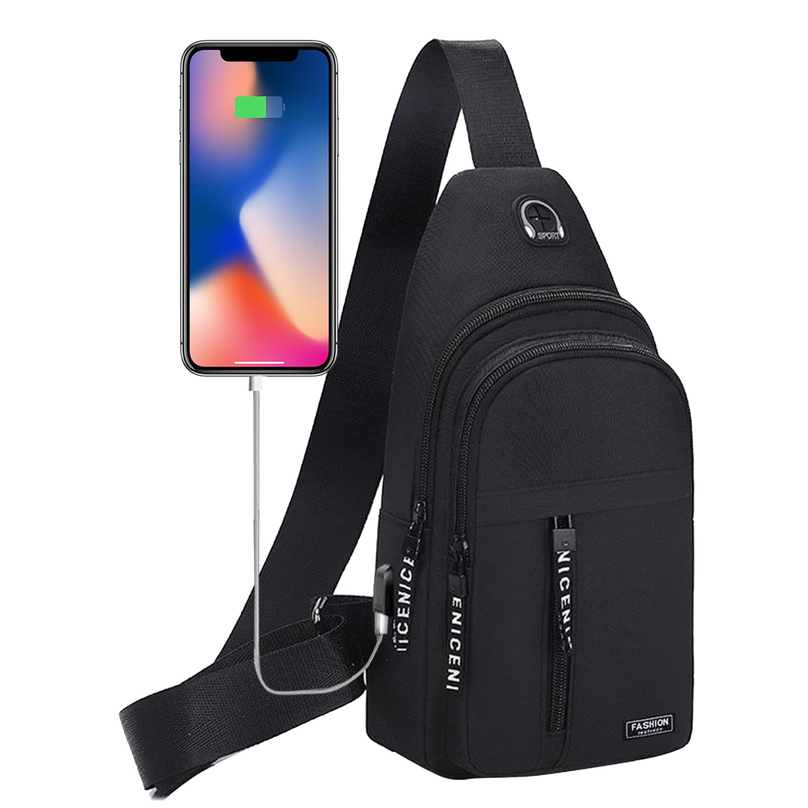 USB Charging Sling Backpack - Water Resistant Crossbody Bag with Headphone Hole & Adjustable Strap (Black) - Perfect for Travel, Hiking, and Daily Commute