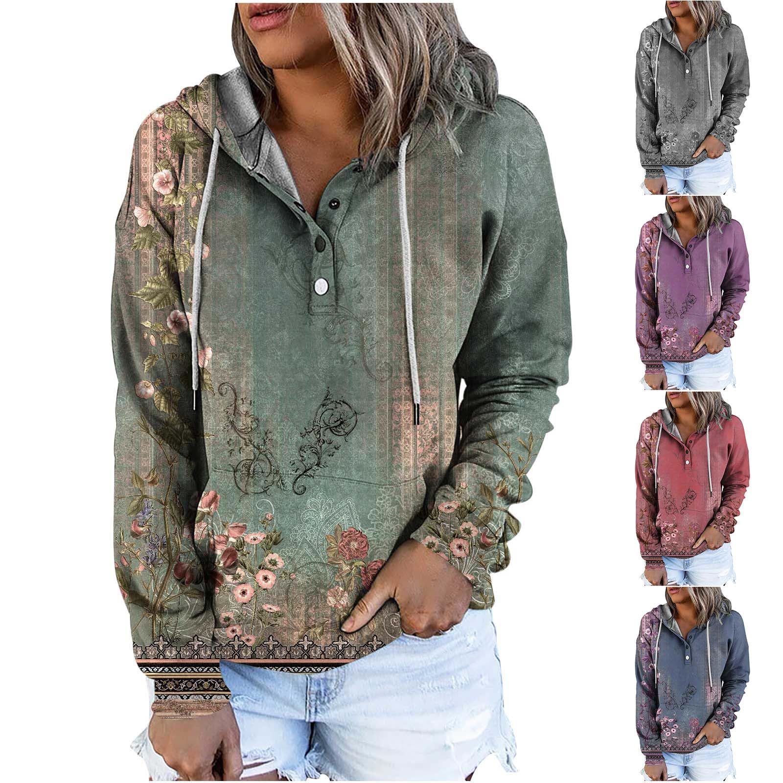 Women's Casual Long Sleeve Hoodie Floral Print Loose Tunic Button Down Hooded Sweatshirt Pullover Top for Outdoor Activities and Relaxation