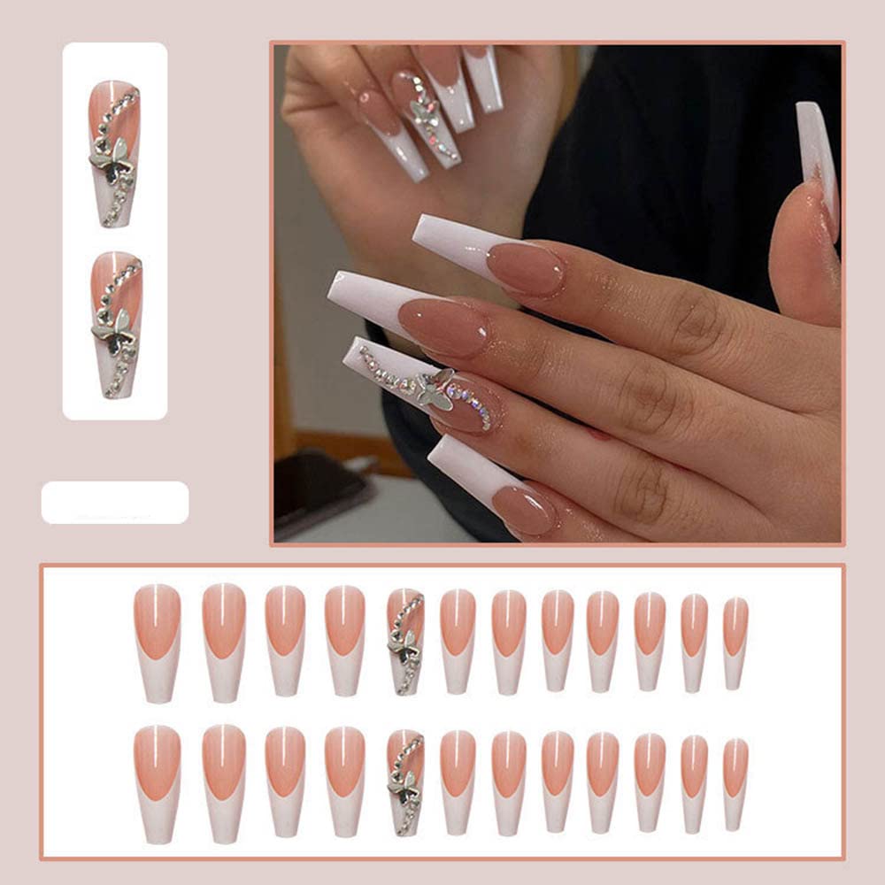 SINLOV 24pcs Coffin Fake Nails - Pink Butterfly Glossy Press on False Nails, Long Ballerina Artificial Nails, Full Cover Nail Tips for Women & Girls | Perfect for Parties, Weddings, and Special Occasions