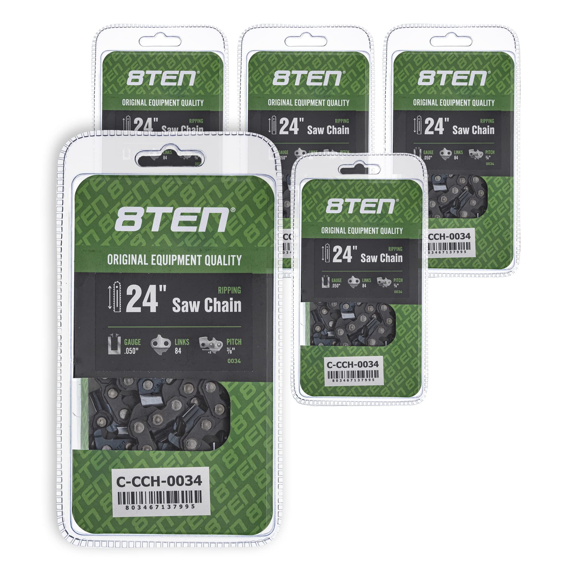 8TEN 24 Inch Ripping Chainsaw Chain .050 Gauge 3/8 Pitch 84DL - Compatible with Husqvarna 455 Rancher, Echo CS-590, Stihl MS 270 (5 Pack) - Perfect for Woodworking, Logging, and DIY Projects