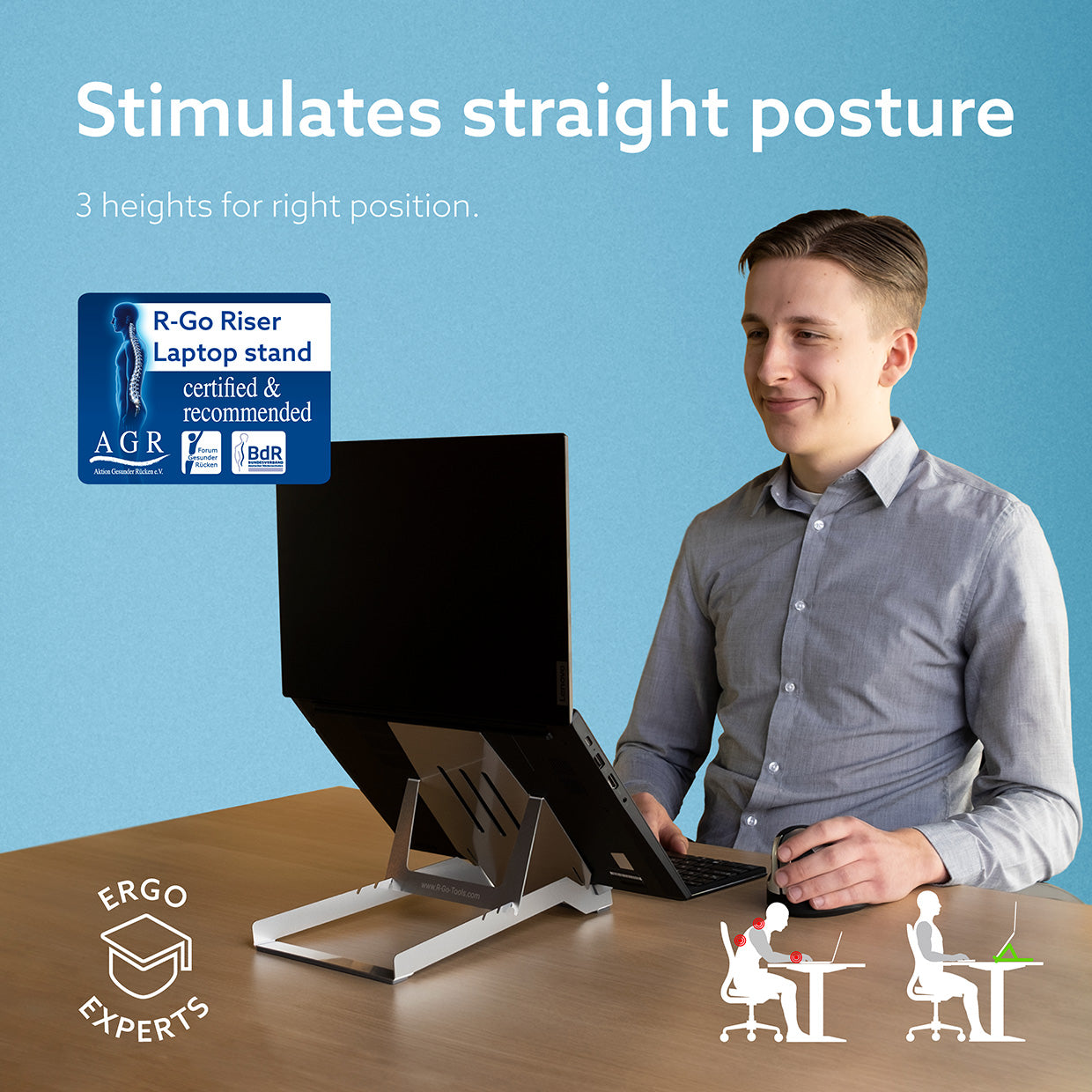 Ergonomic R Go Riser Basic Laptop Stand - Adjustable Height for MacBook, Dell, HP - Portable Desk Stand for Home Office, Gaming & Work from Home Setup