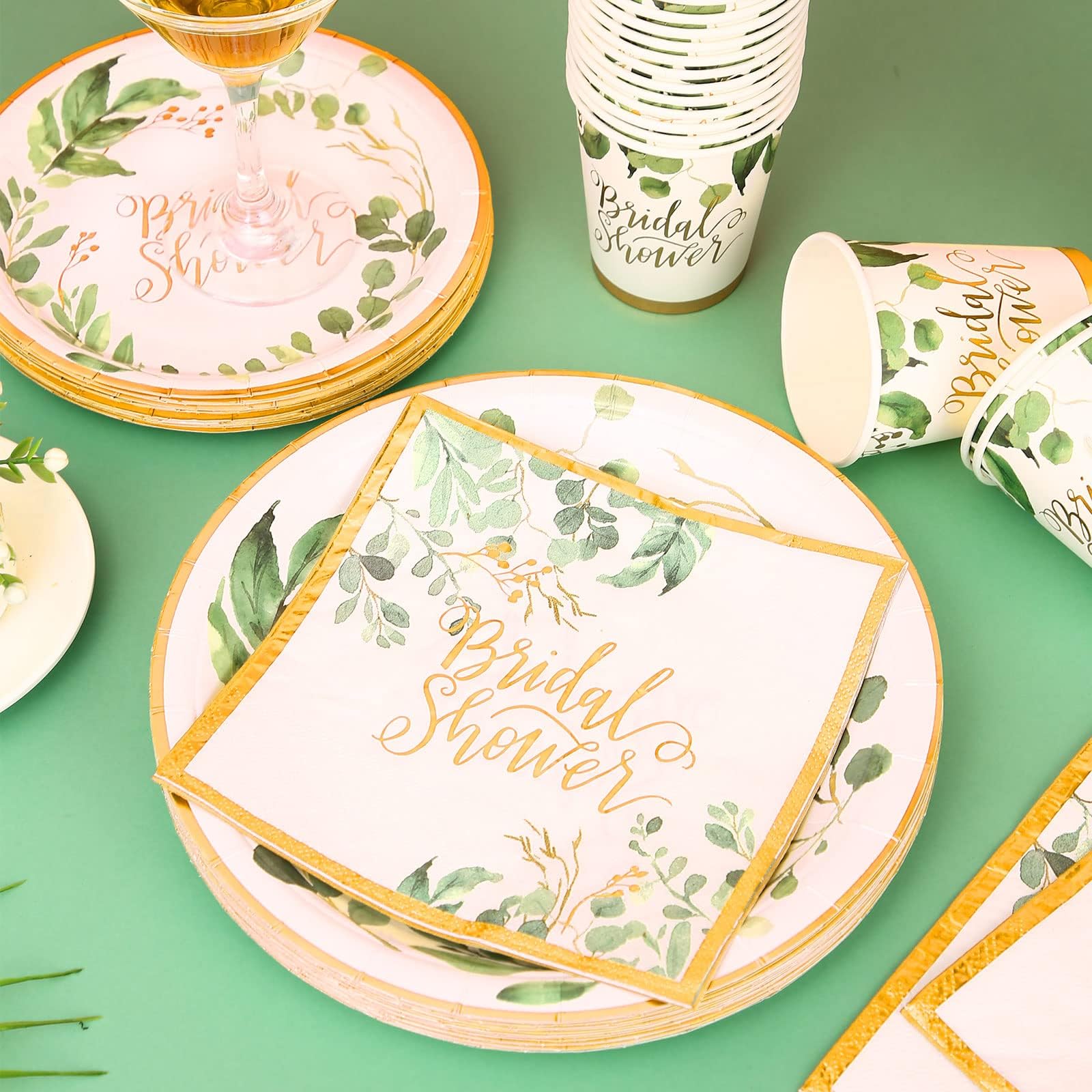 Eco-Friendly 168-Piece Bridal Shower Paper Plates & Napkins Set - Green Wedding Party Decorations for Engagement, Bachelorette & Bridal Showers - Serves 24 Guests - Perfect for Wedding Rehearsal Dinners & Bridal Tea Parties