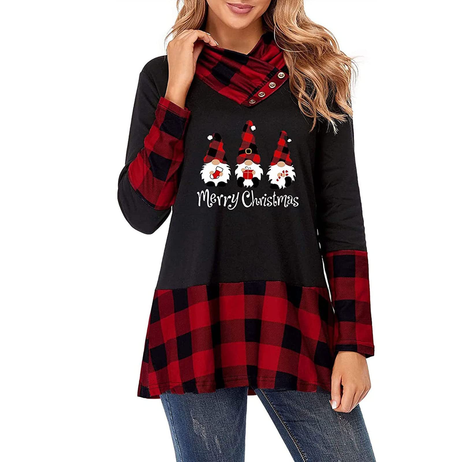 Christmas T-Shirts for Women - Santa Claus Printed Long Sleeve High Neck Tunic Blouse | Winter Holiday Party, Casual Wear & Gift Giving