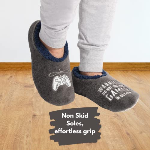 Splosh Men's Grey Gamer Slippers - Soft Indoor House Shoes for Gaming, Relaxing & Lounge Wear - Comfortable Memory Foam Slippers for Men