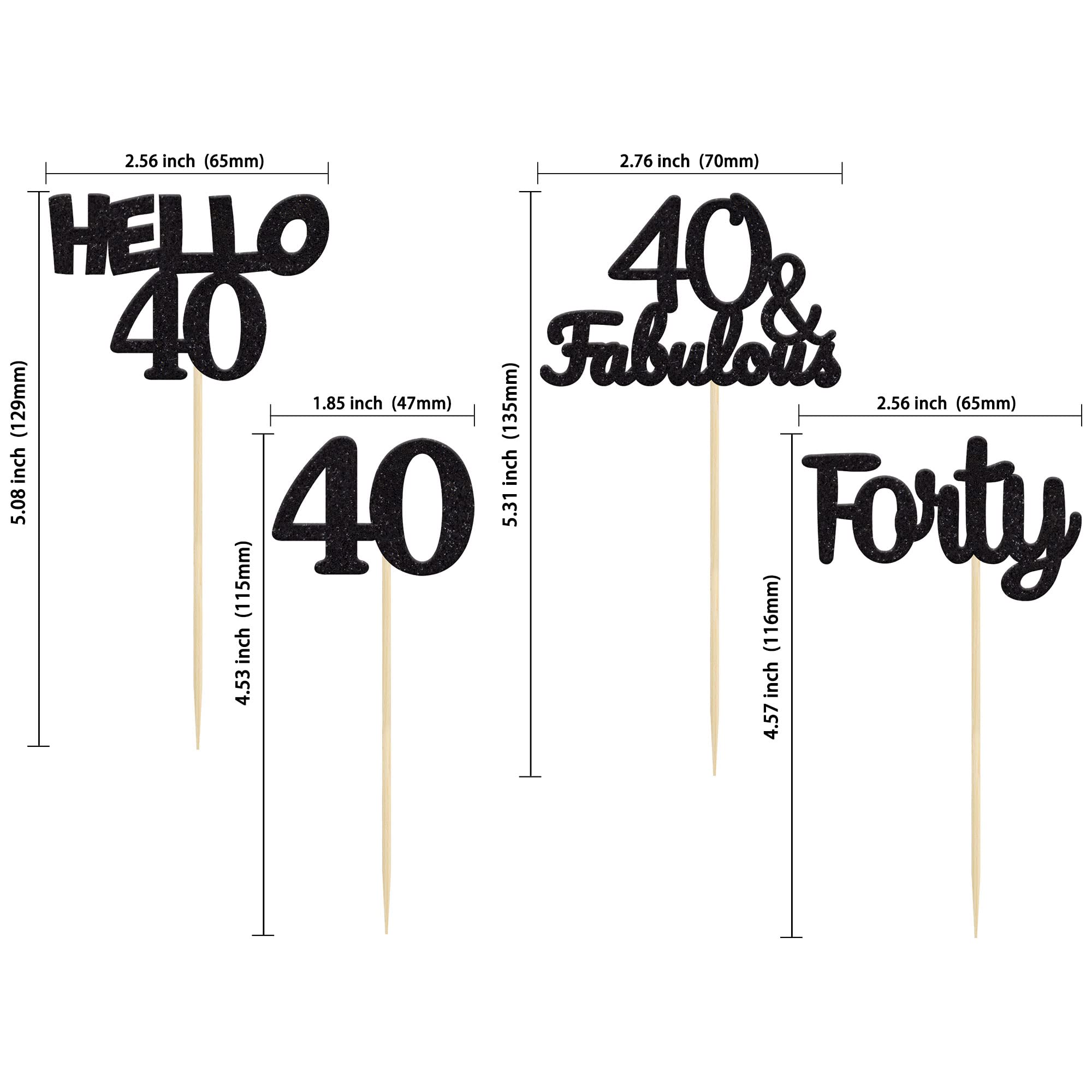 24Pcs Black Glitter 40th Birthday Cupcake Toppers - Hello 40 Forty Cake Decorations - 40 & Fabulous Cupcake Picks for 40th Birthday Party Supplies - Perfect for Anniversary, Retirement, Milestone Celebrations