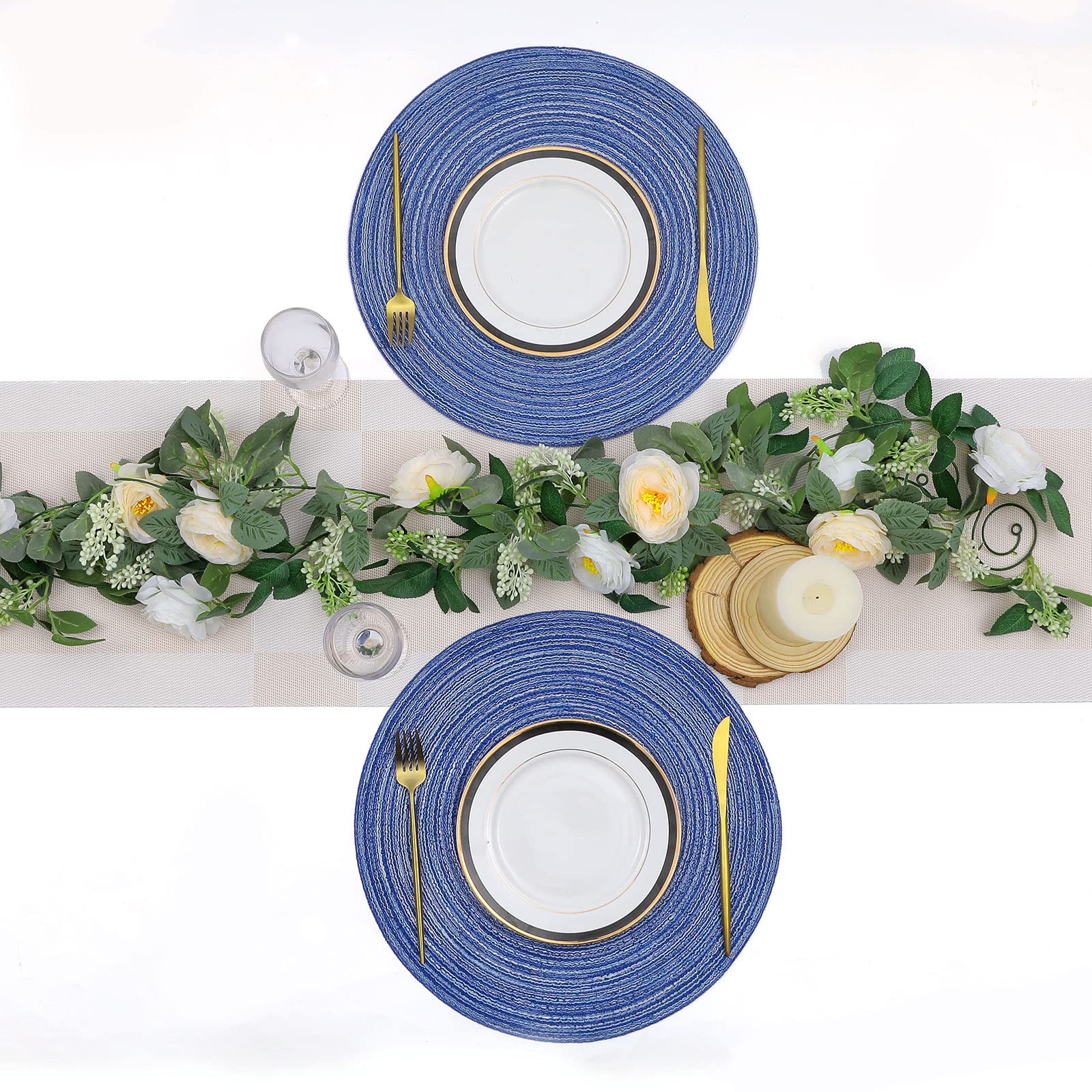 SHACOS 15 Inch Round Braided Placemats Set of 6 - Washable Cotton Table Mats for Kitchen, Dining, Home Decor - Perfect for Wedding, Party & Everyday Use (Blue & White)