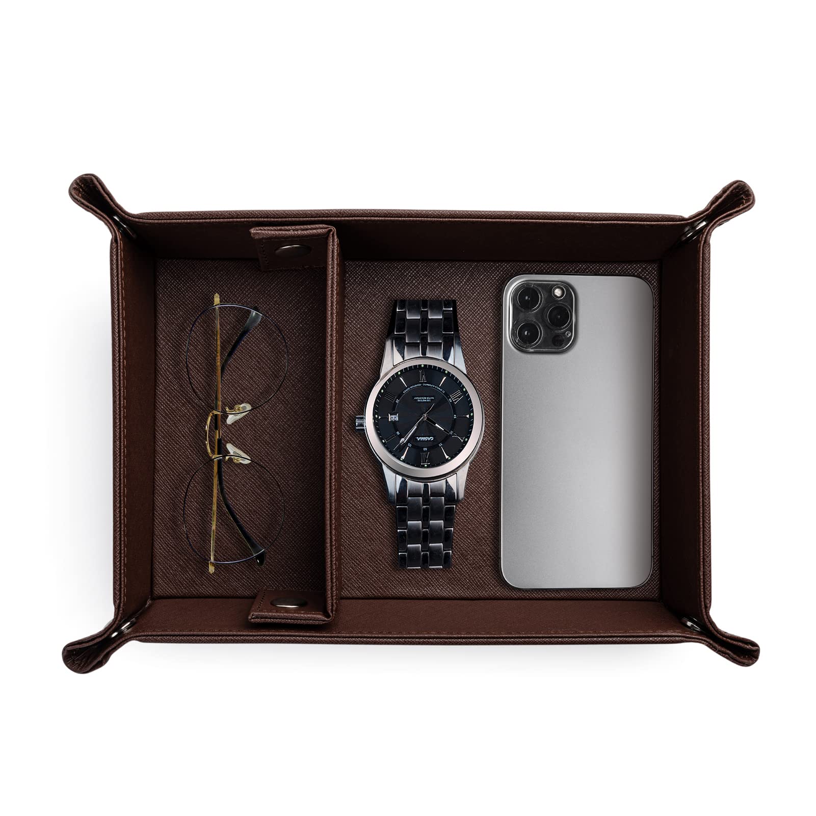 Premium PU Leather Valet Tray Organizer for Men - Multi-Compartment Storage Tray for Keys, Watches, Wallets & Essentials - Perfect for Nightstand, Dresser or Entryway Organization