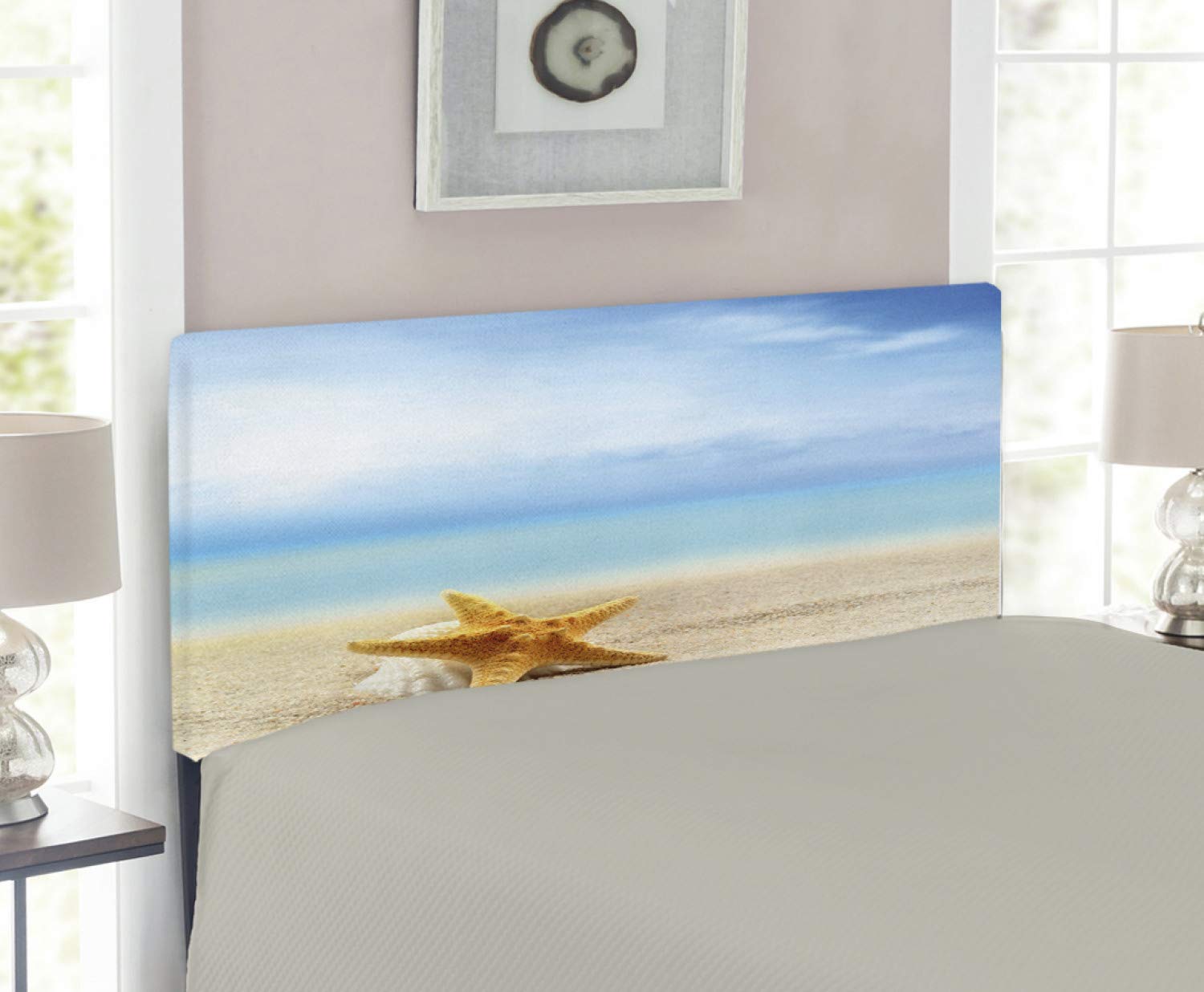 Ambesonne Starfish Headboard - Scallop Seashell & Starfish Ocean Design Upholstered Metal Bed Frame with Memory Foam | Twin Size Multicolor Coastal Decor for Beach House & Nautical Bedroom