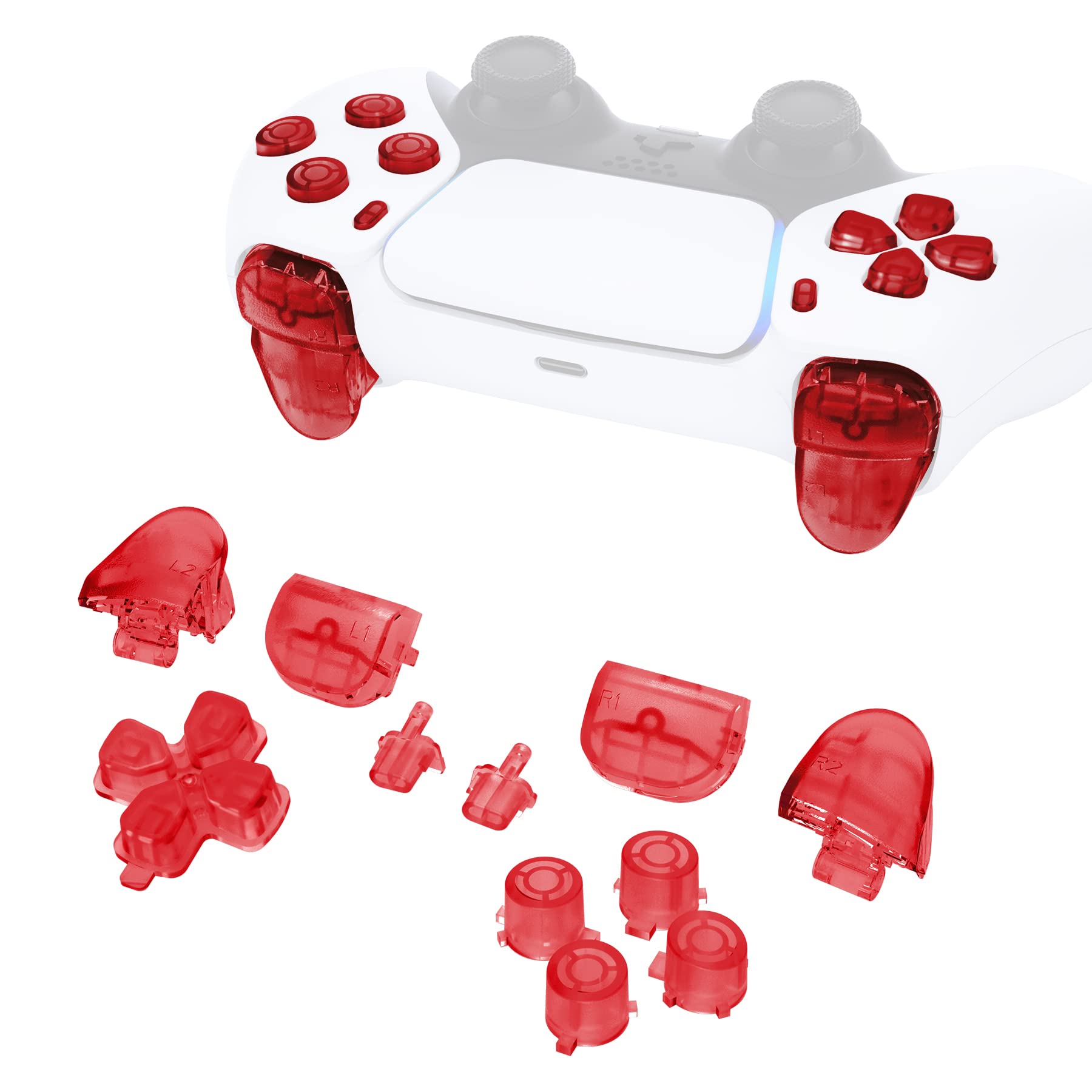 eXtremeRate Clear Red Full Set Replacement Buttons for PS5 Controller - D-pad, R1 L1 R2 L2 Triggers, Share & Options Face Buttons (Compatible with BDM-010 & BDM-020) | Perfect for Gaming, Controller Customization & PS5 Accessories
