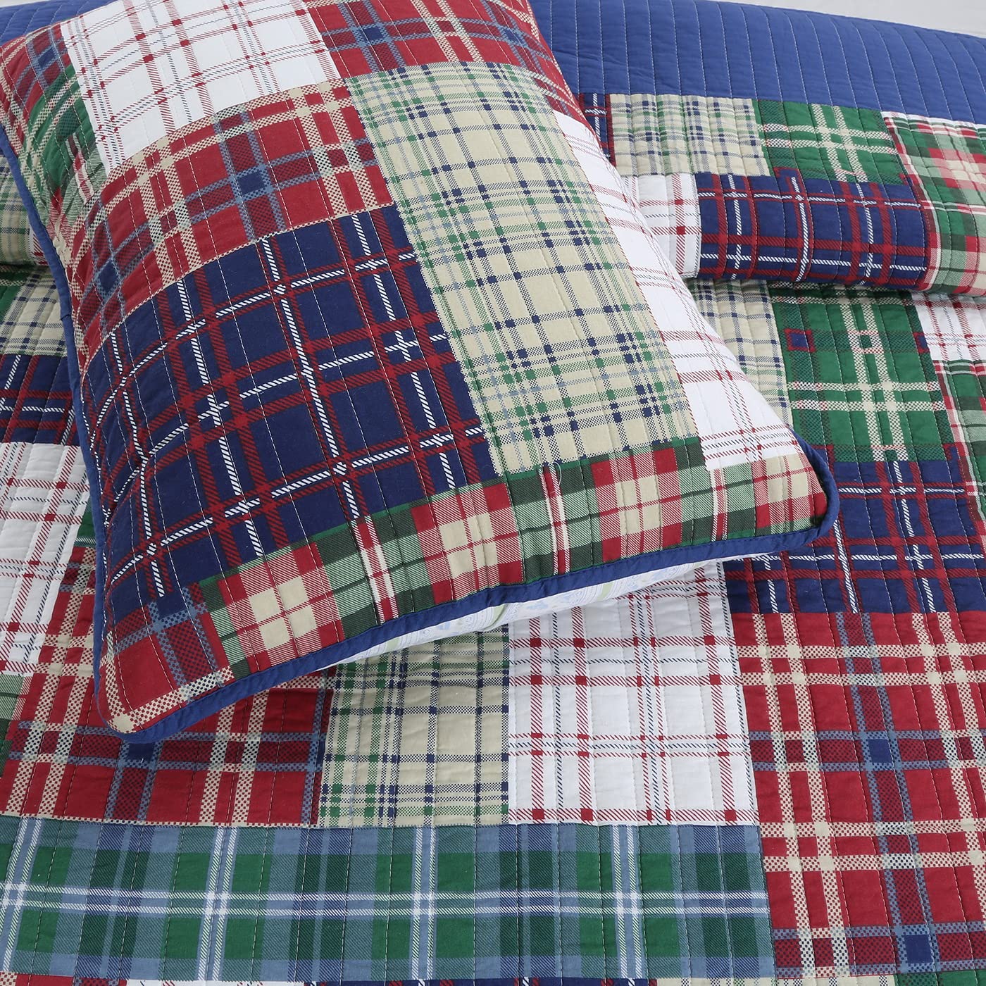 Tartan Plaid Reversible 3-Piece Quilt Set - 100% Cotton Full/Queen Size Bedding - Cozy Bedroom Decor for Fall & Winter