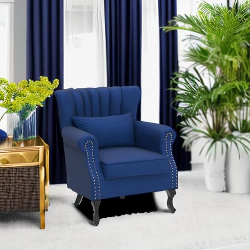 Kmax Blue Velvet Wingback Accent Chair with Pillow - Nail-Head Channel Tufted Oversized Club Chair for Living Room, Bedroom & Guest Room - Perfect for Reading Nook, Home Office & Lounge Areas